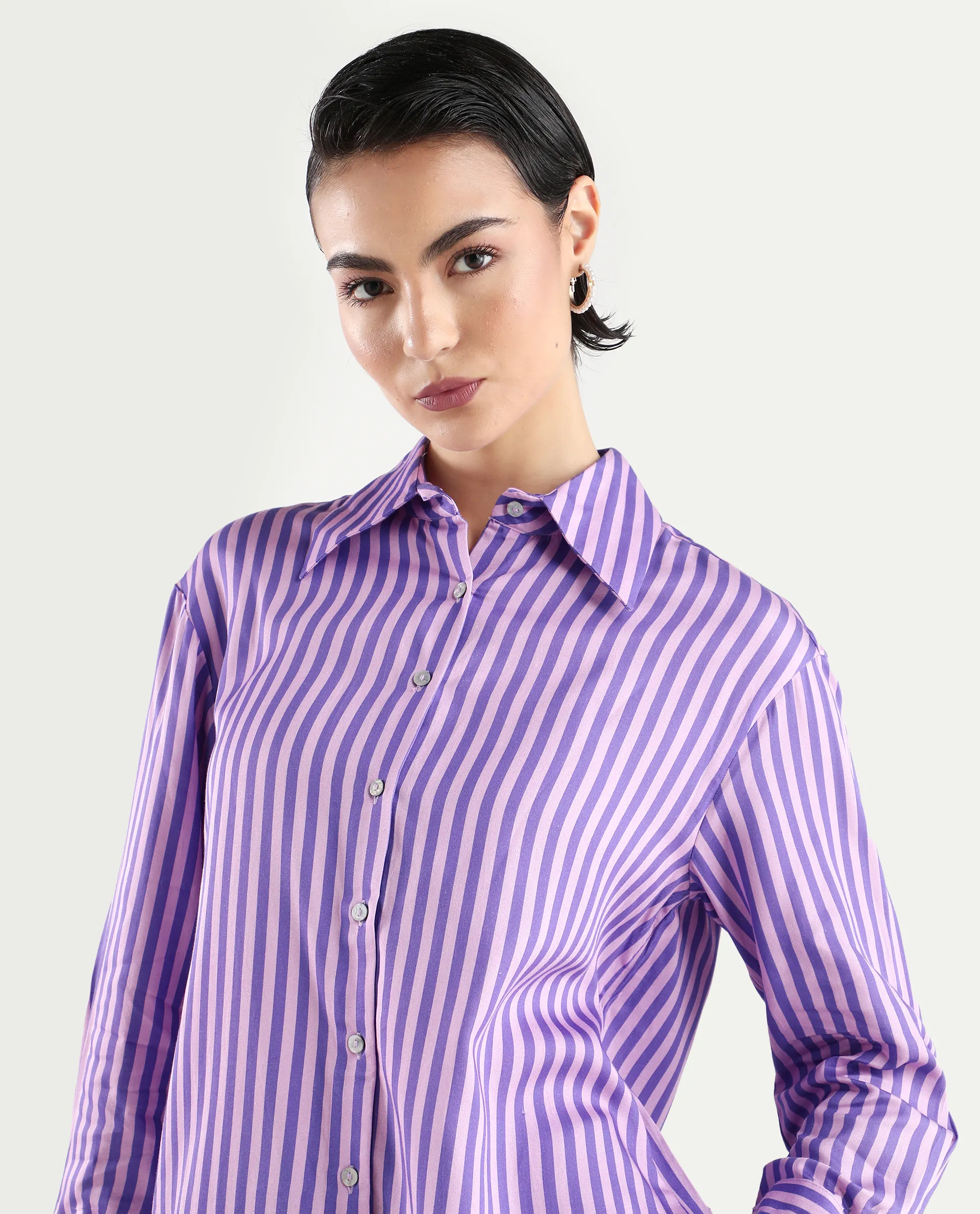 Rareism Women's Runio Dusky Purple Polyester Drop Collar Striped Cuffed Sleeve Regular Fit Shirt - Image 4