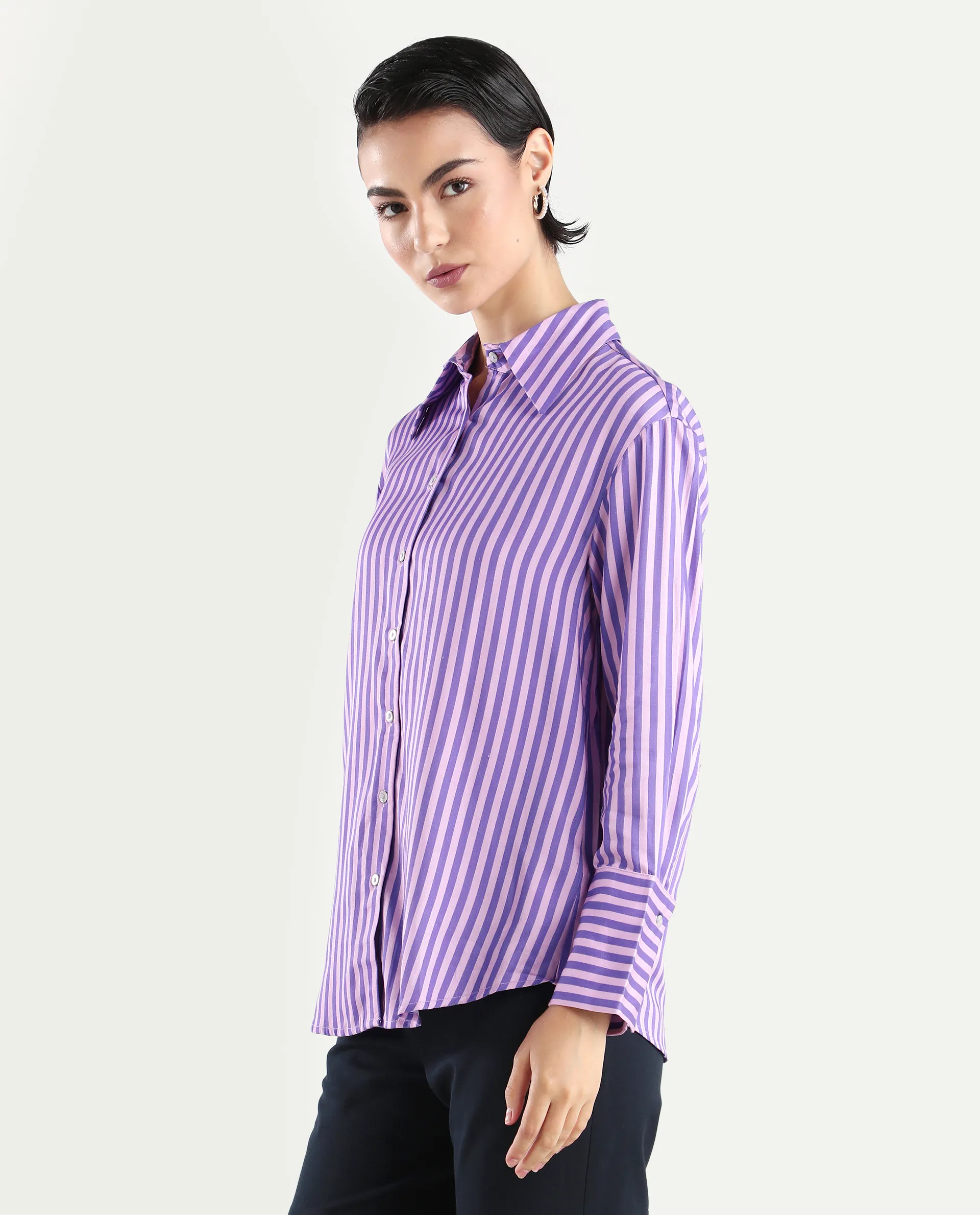 Rareism Women's Runio Dusky Purple Polyester Drop Collar Striped Cuffed Sleeve Regular Fit Shirt - Image 6
