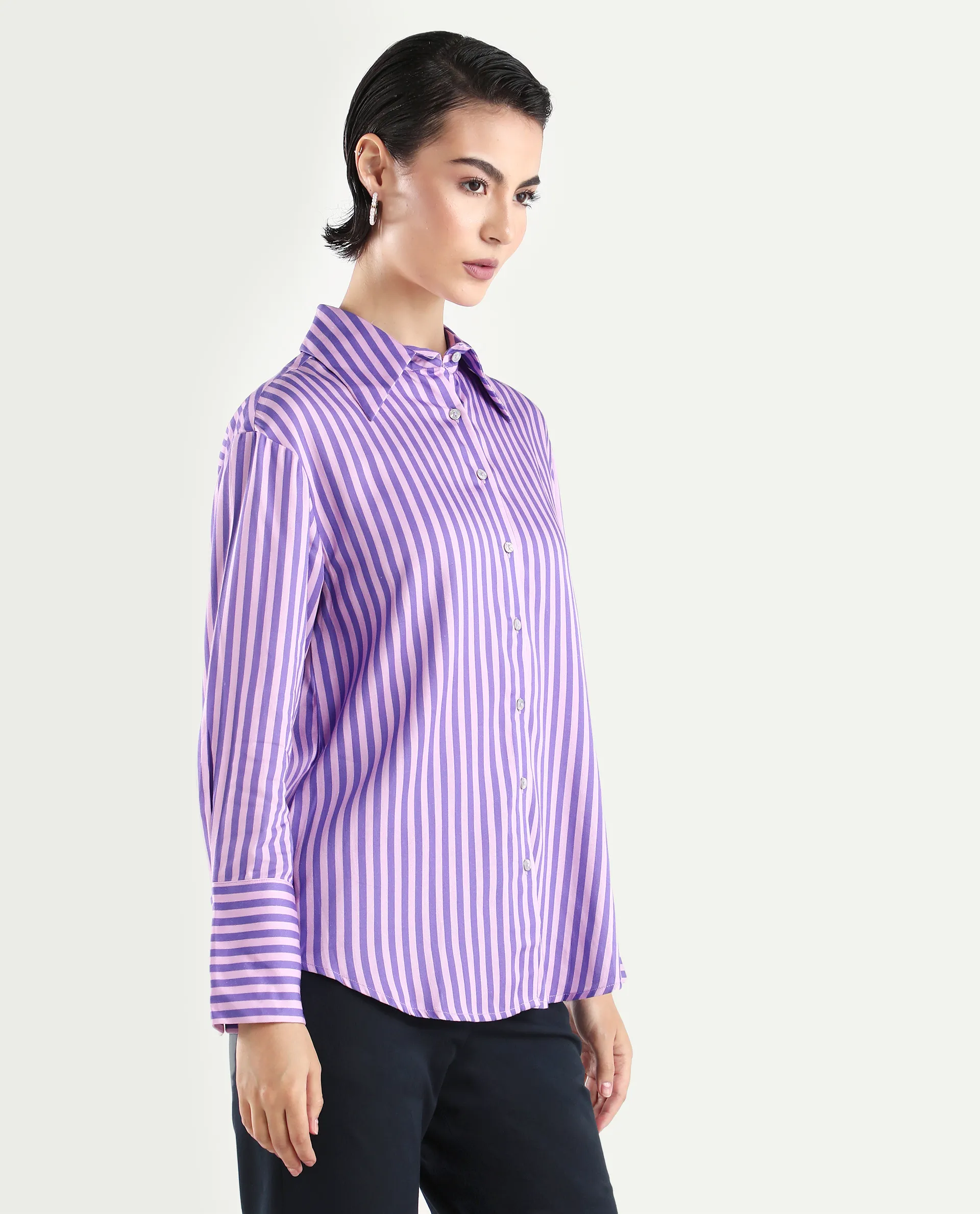 Rareism Women's Runio Dusky Purple Polyester Drop Collar Striped Cuffed Sleeve Regular Fit Shirt - Image 7