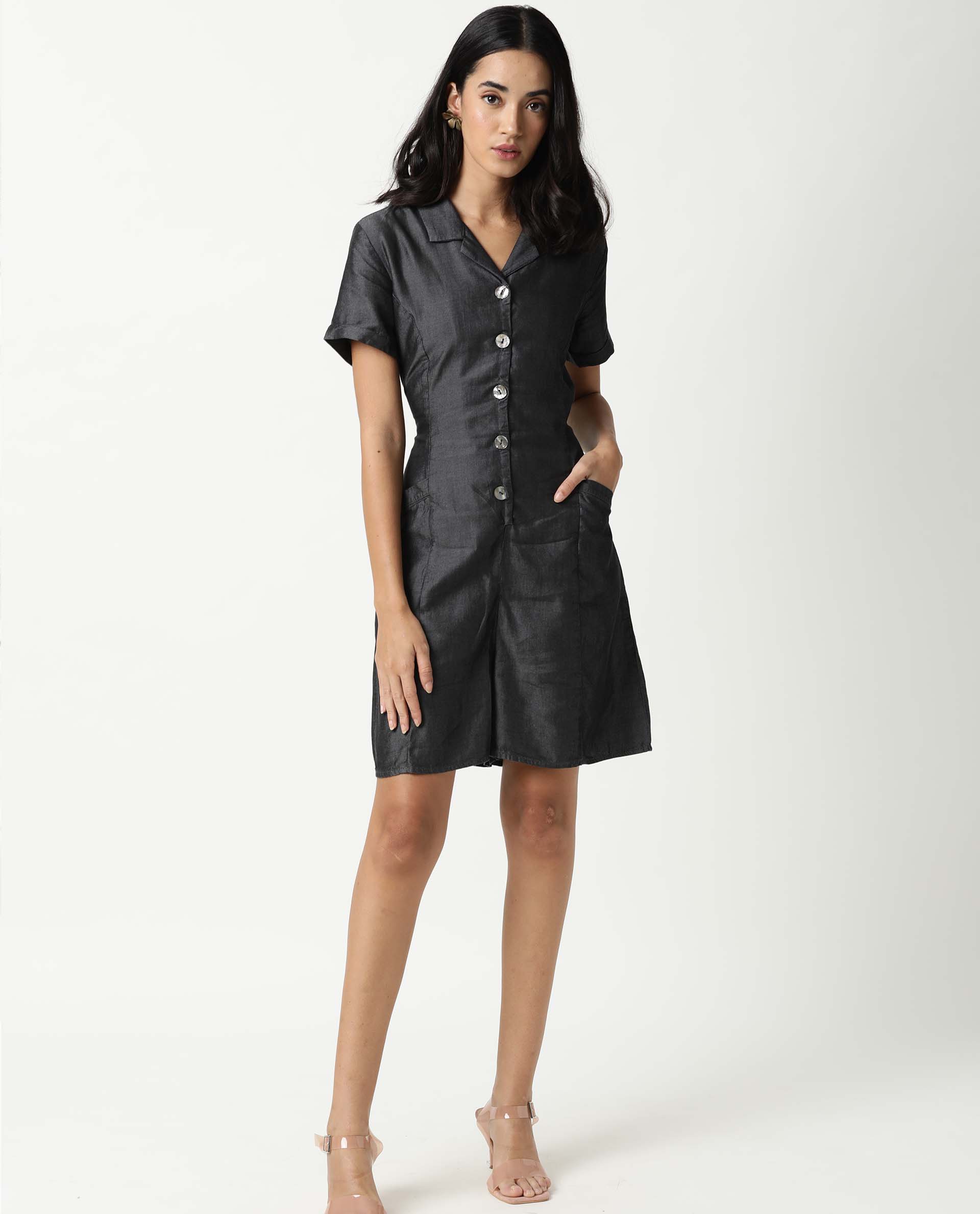 Rareism Women Runner Black Jumpsuit Short Sleeves Solid