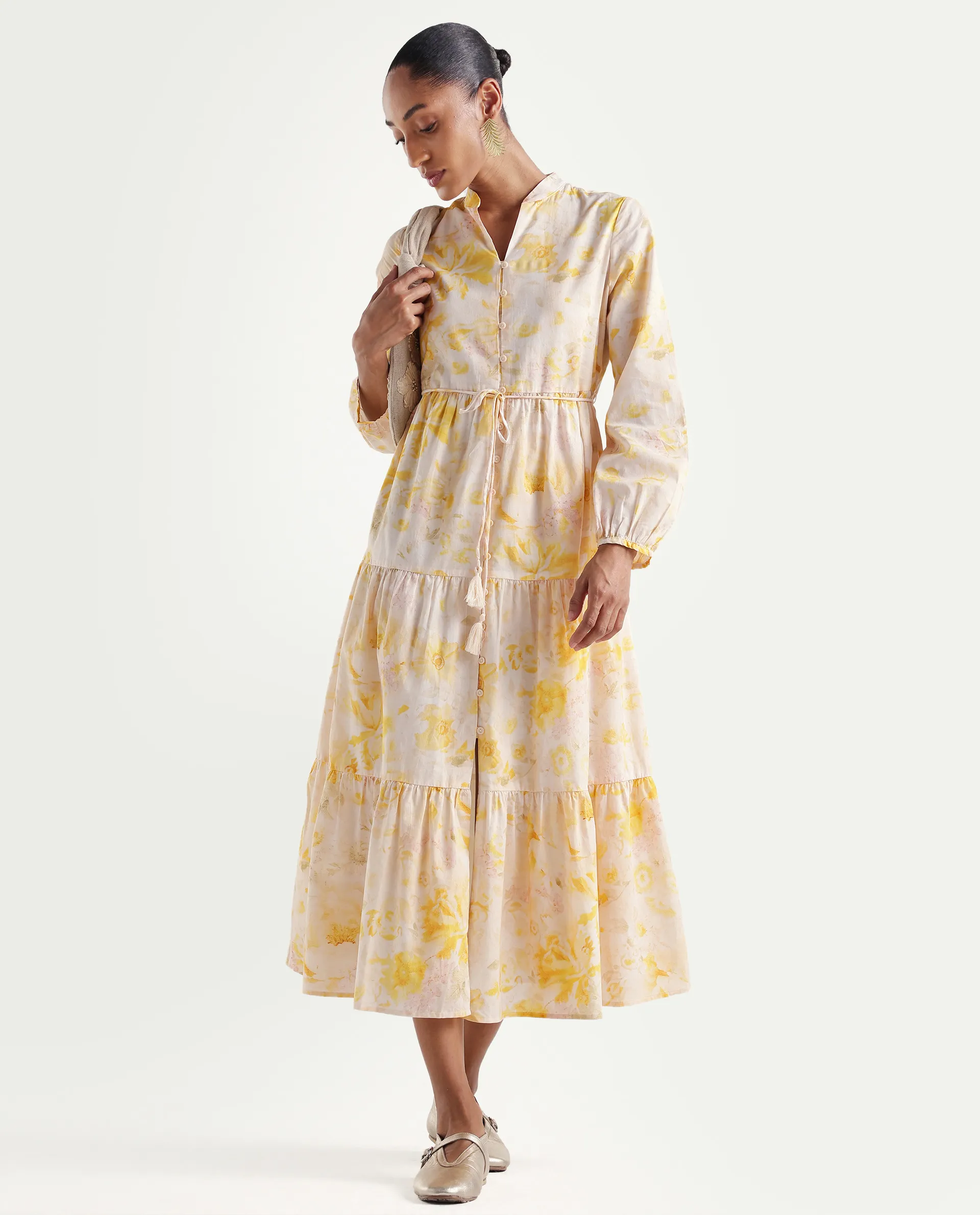 Rareism Women's Runo Yellow Cotton Band Collar Regular Floral Print Dress - Image 2