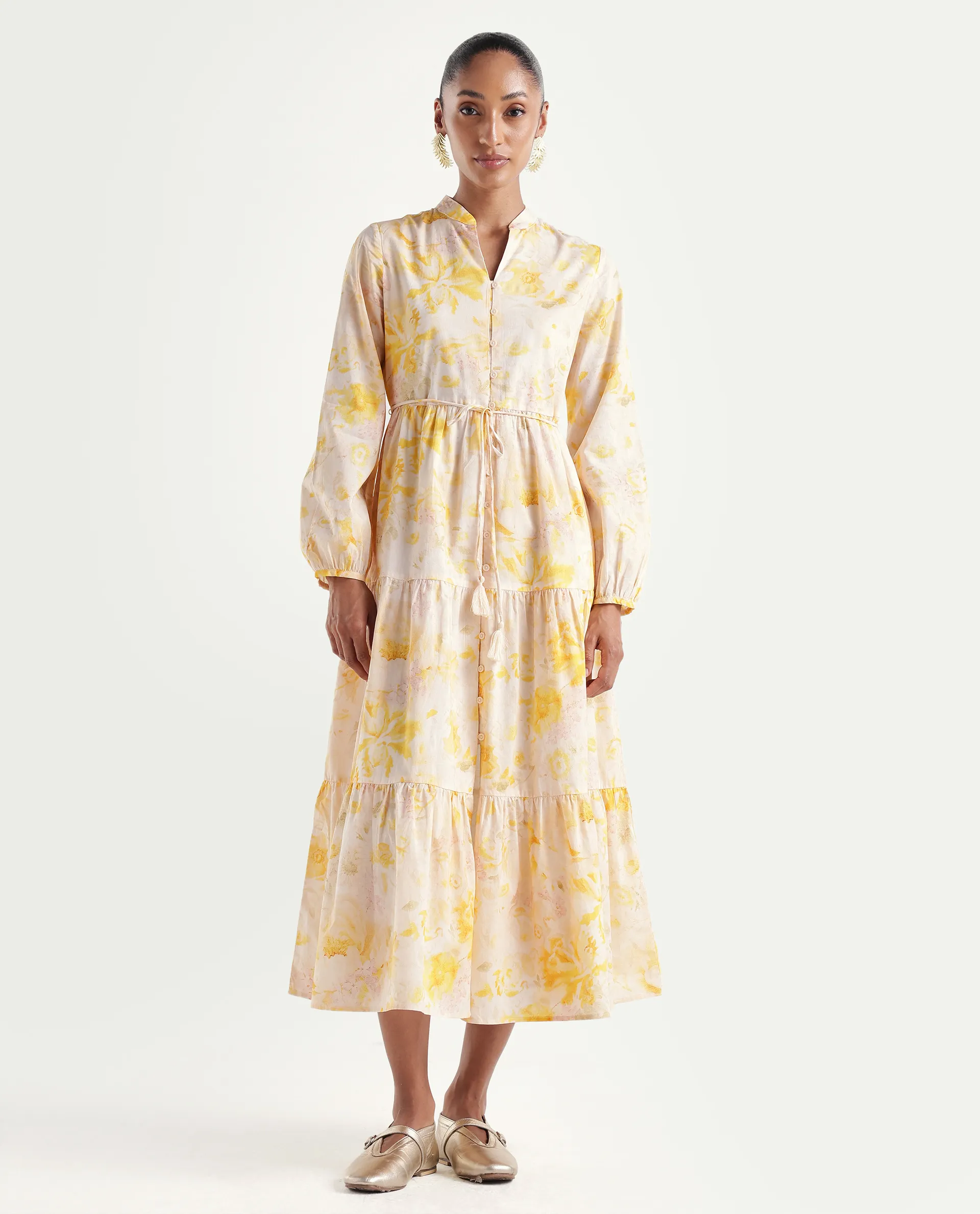 Rareism Women's Runo Yellow Cotton Band Collar Regular Floral Print Dress - Image 3