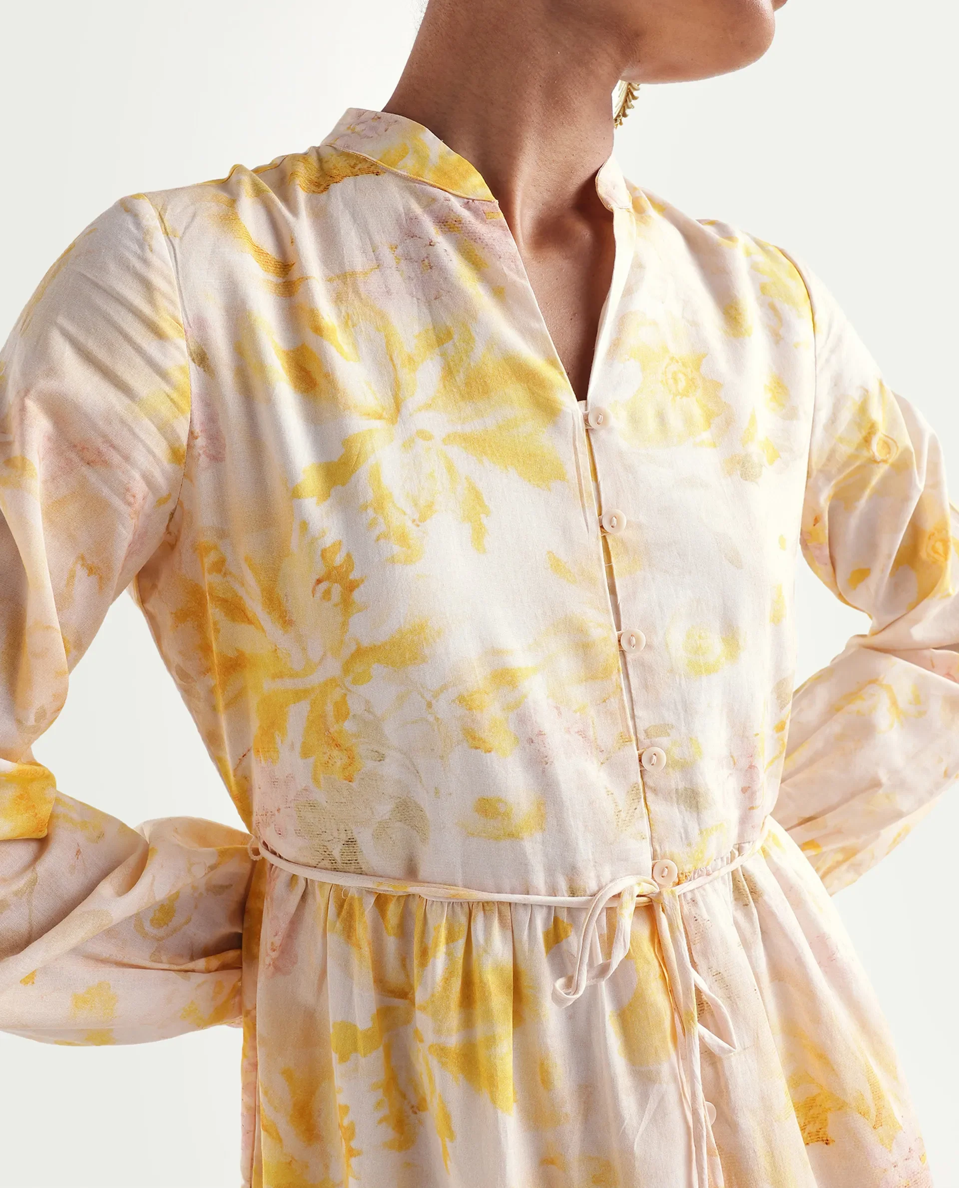 Rareism Women's Runo Yellow Cotton Band Collar Regular Floral Print Dress - Image 4