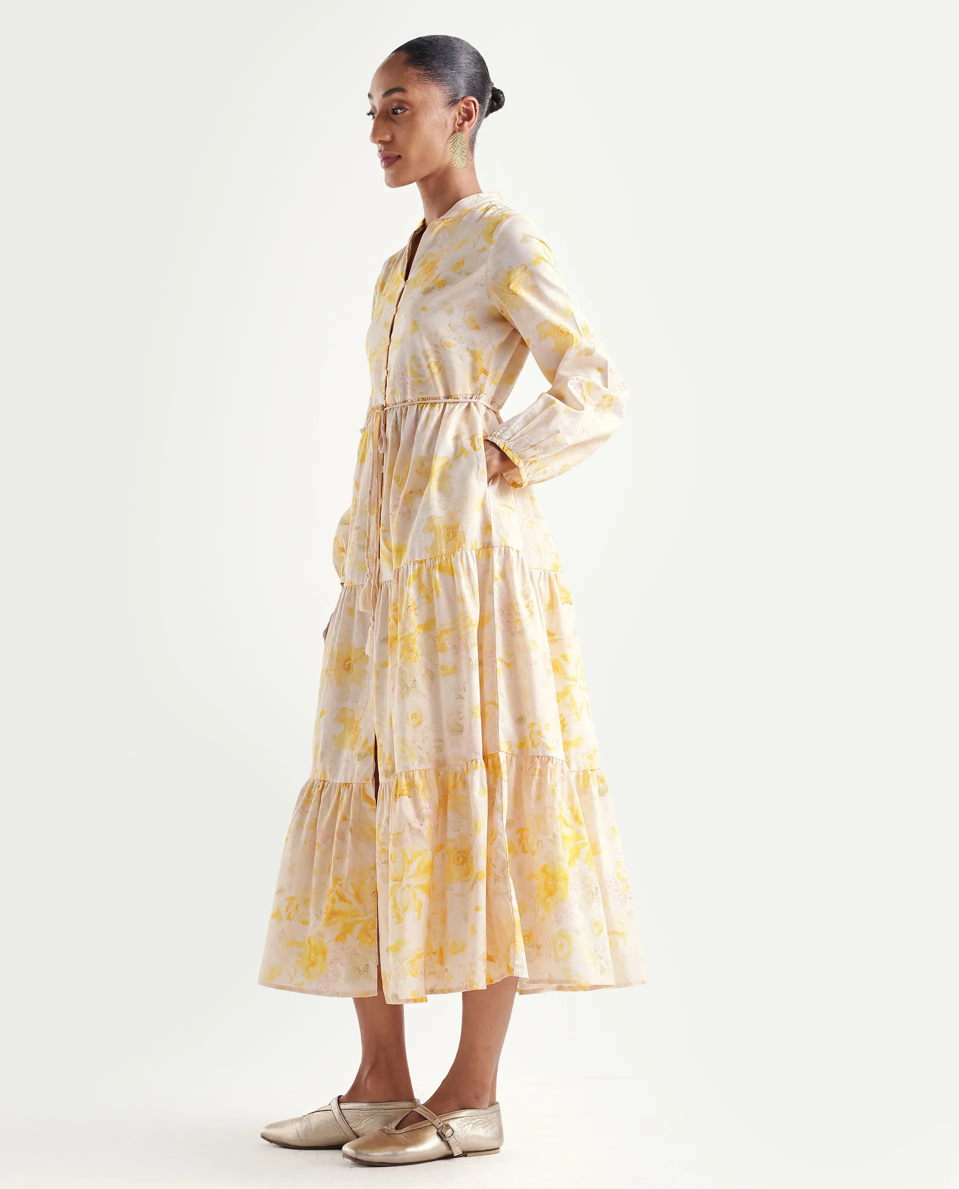 Rareism Women's Runo Yellow Cotton Band Collar Regular Floral Print Dress - Image 5