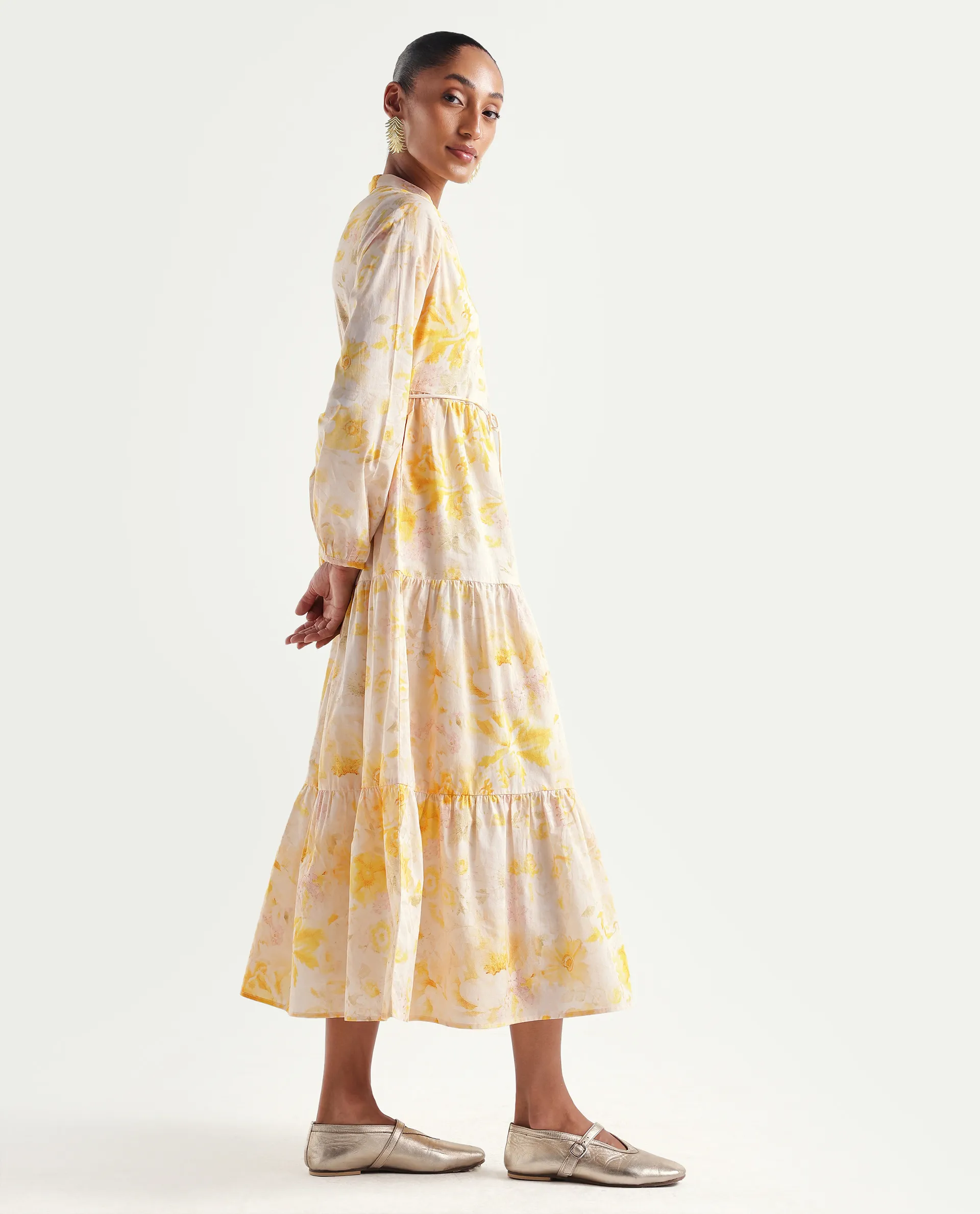Rareism Women's Runo Yellow Cotton Band Collar Regular Floral Print Dress - Image 6