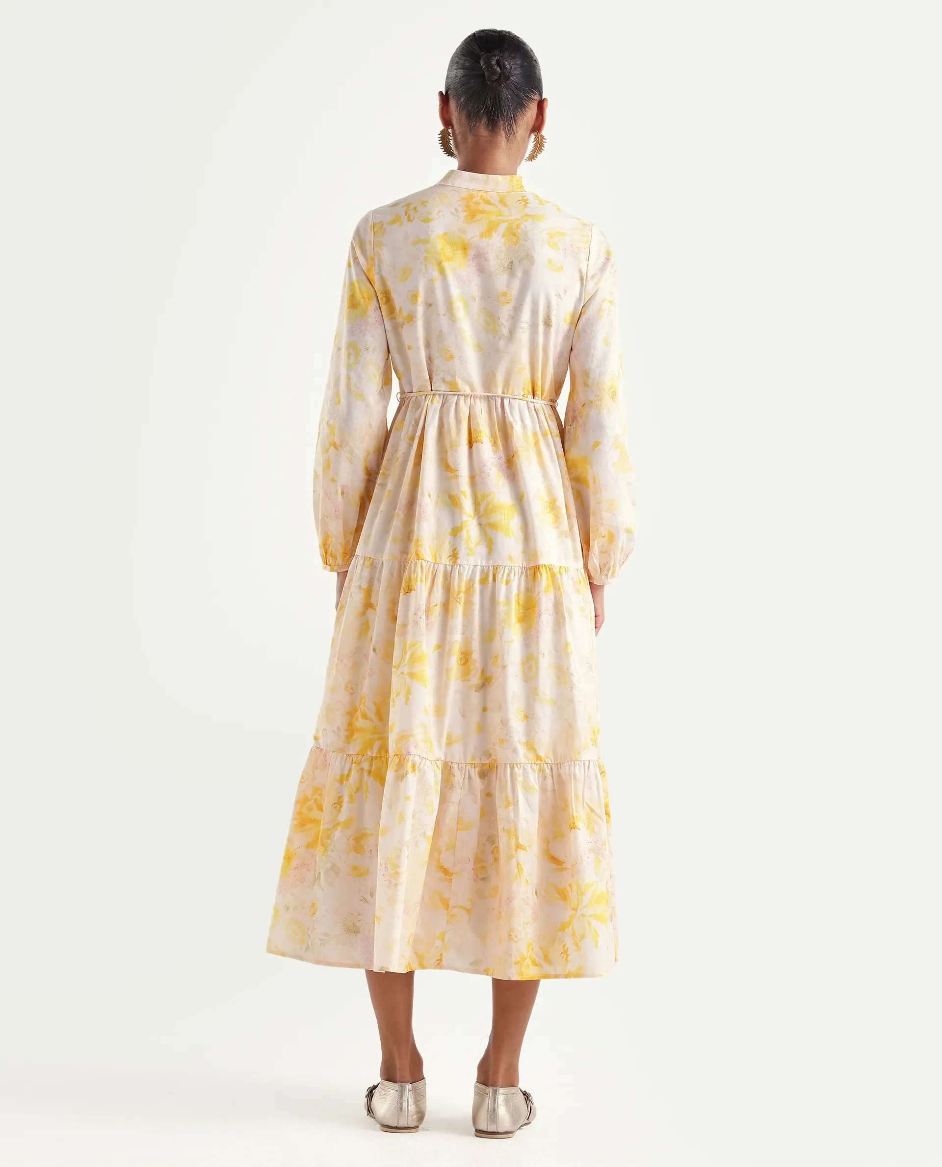 Rareism Women's Runo Yellow Cotton Band Collar Regular Floral Print Dress - Image 7