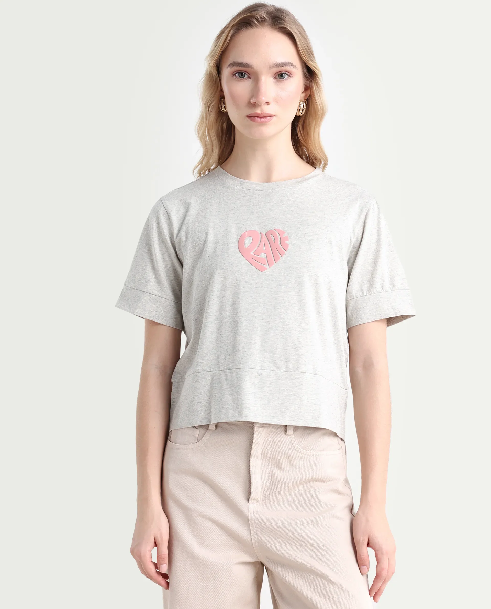 Rareism Women's Runo Melange Grey Cotton Blend Crew Neck Graphic Print Regular Fit T-Shirt - Image 3
