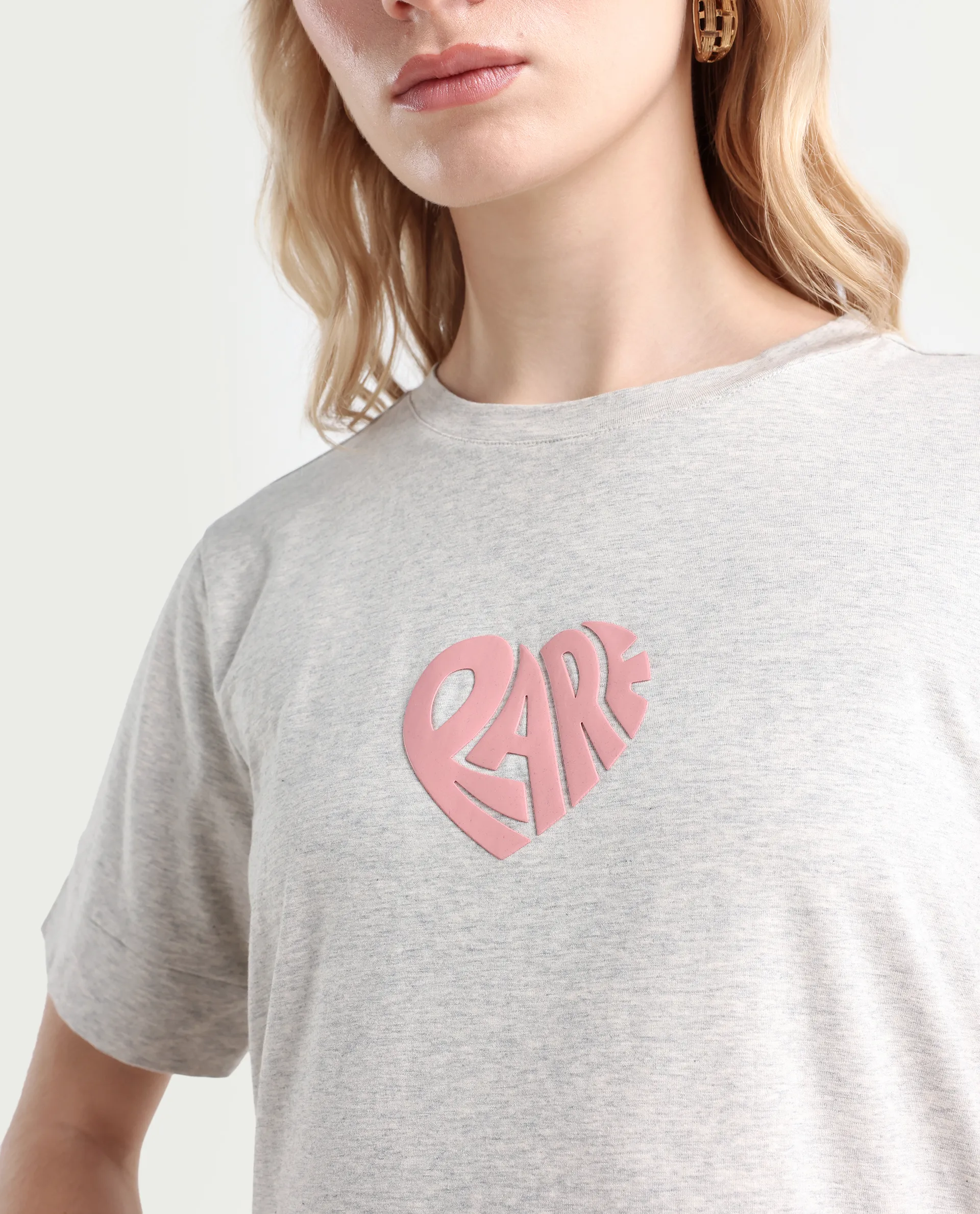 Rareism Women's Runo Melange Grey Cotton Blend Crew Neck Graphic Print Regular Fit T-Shirt - Image 4