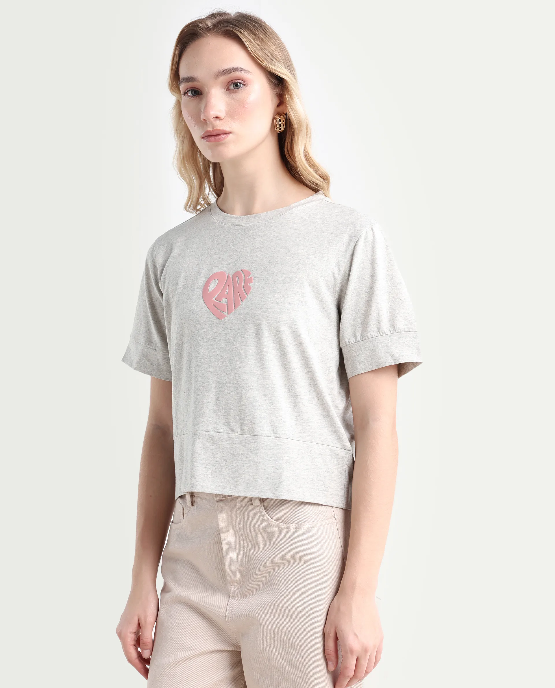 Rareism Women's Runo Melange Grey Cotton Blend Crew Neck Graphic Print Regular Fit T-Shirt - Image 5