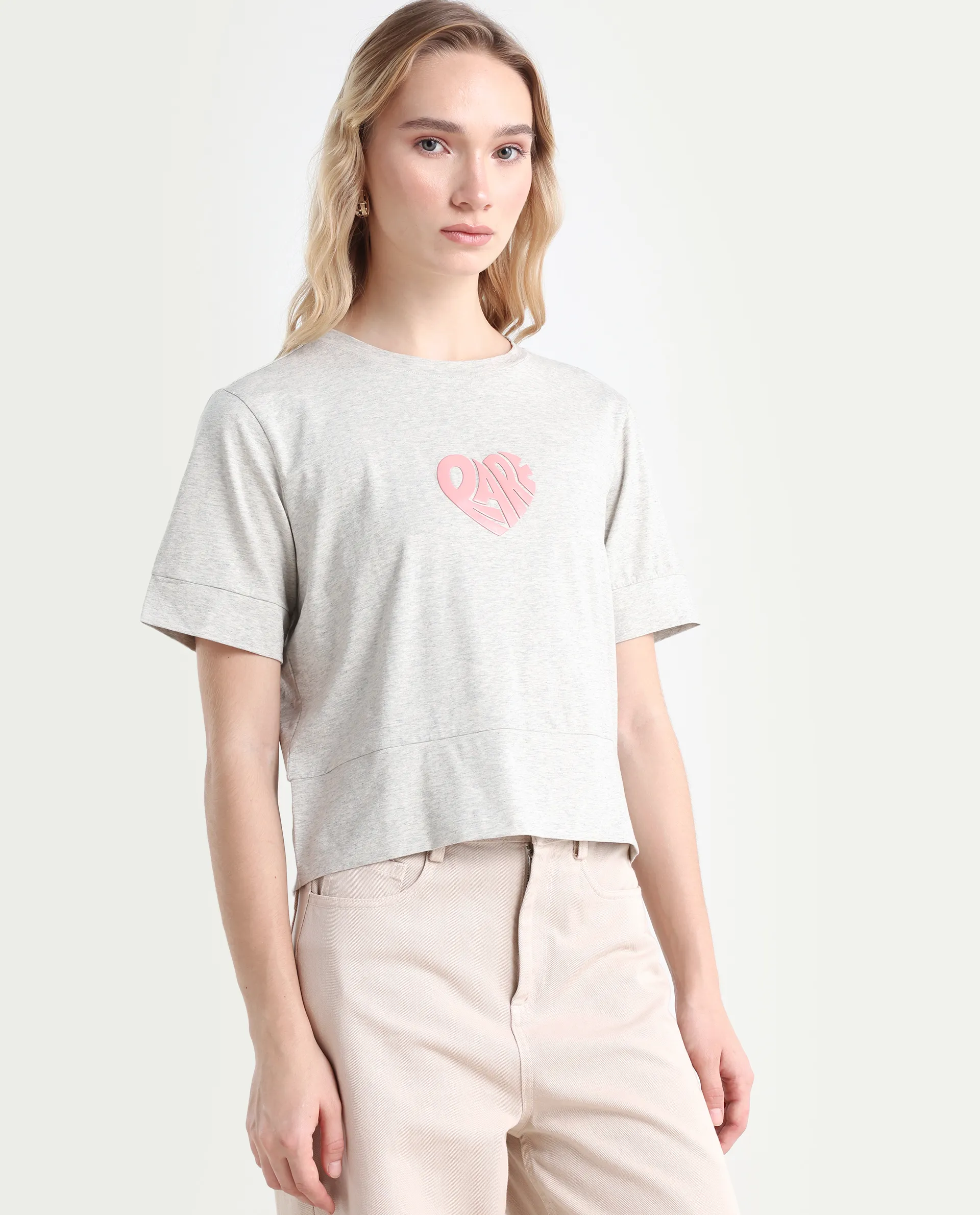 Rareism Women's Runo Melange Grey Cotton Blend Crew Neck Graphic Print Regular Fit T-Shirt - Image 6