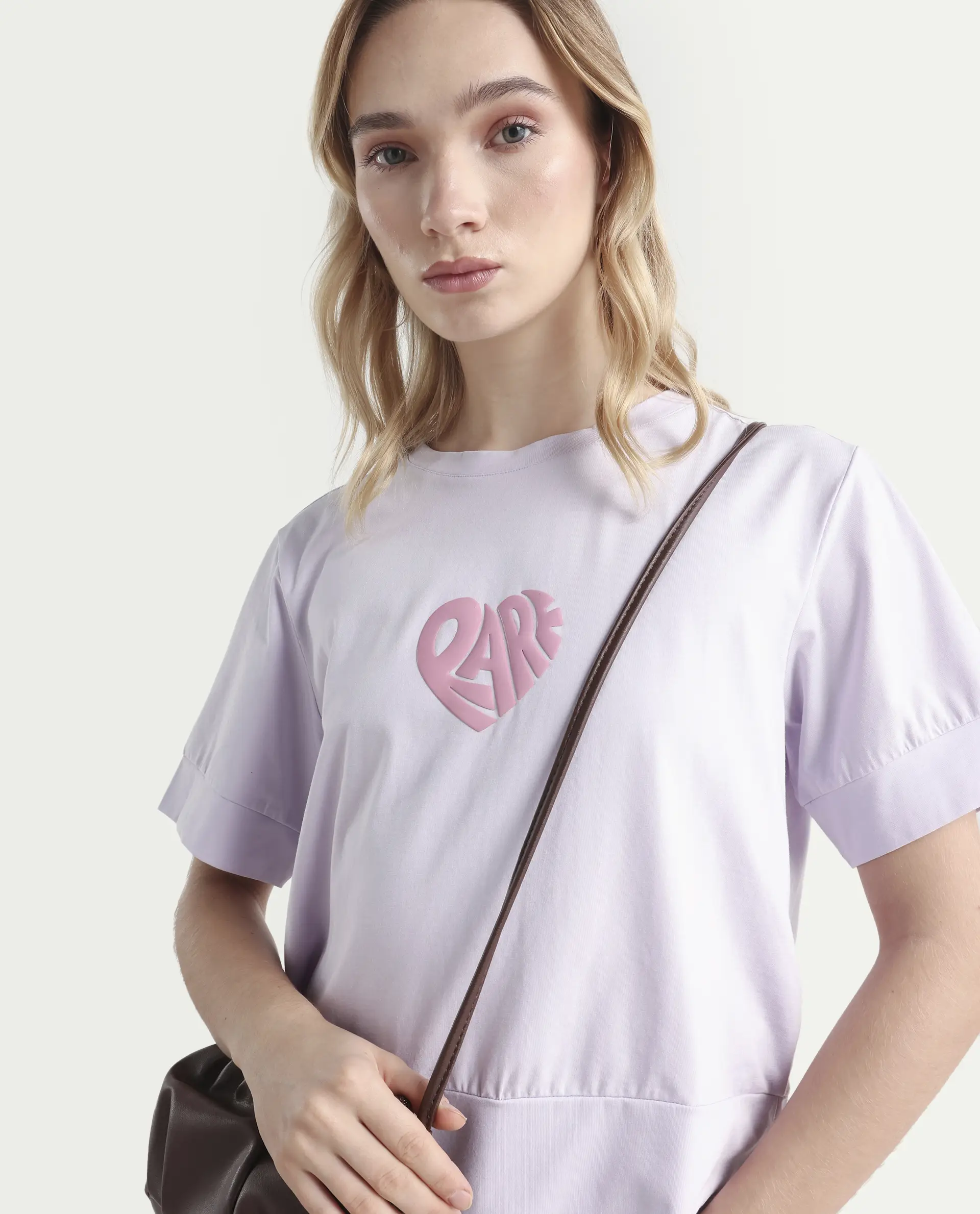 Rareism Women's Runo Pastel Purple Cotton Blend Crew Neck Graphic Print Regular Fit T-Shirt