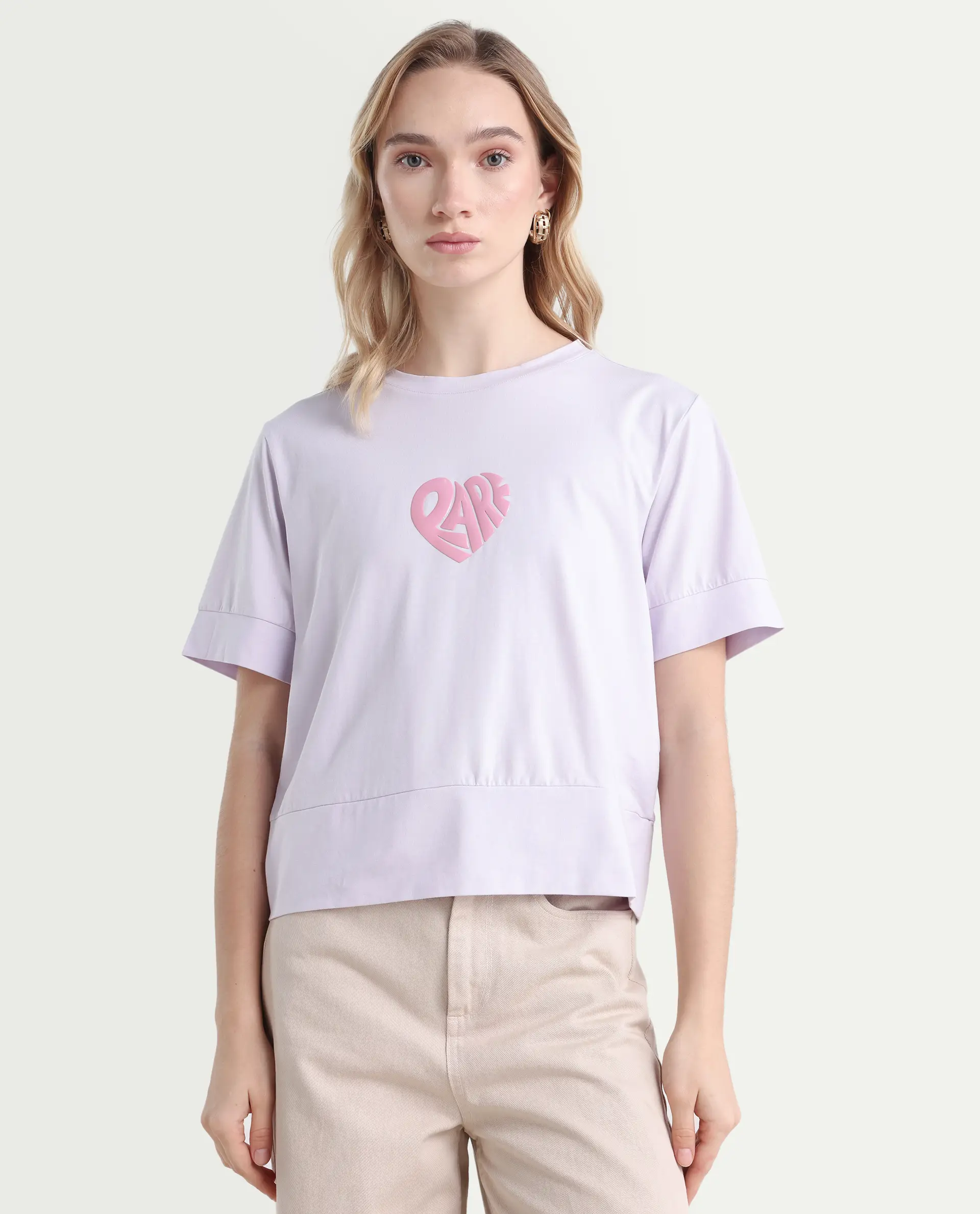 Rareism Women's Runo Pastel Purple Cotton Blend Crew Neck Graphic Print Regular Fit T-Shirt - Image 3