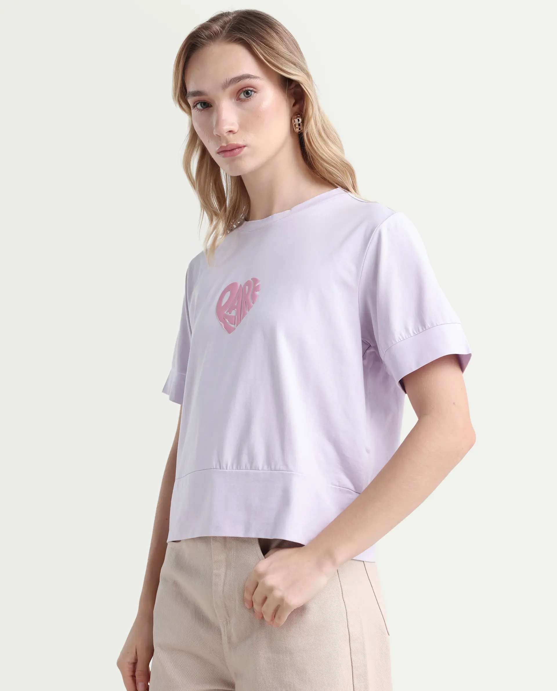 Rareism Women's Runo Pastel Purple Cotton Blend Crew Neck Graphic Print Regular Fit T-Shirt - Image 5