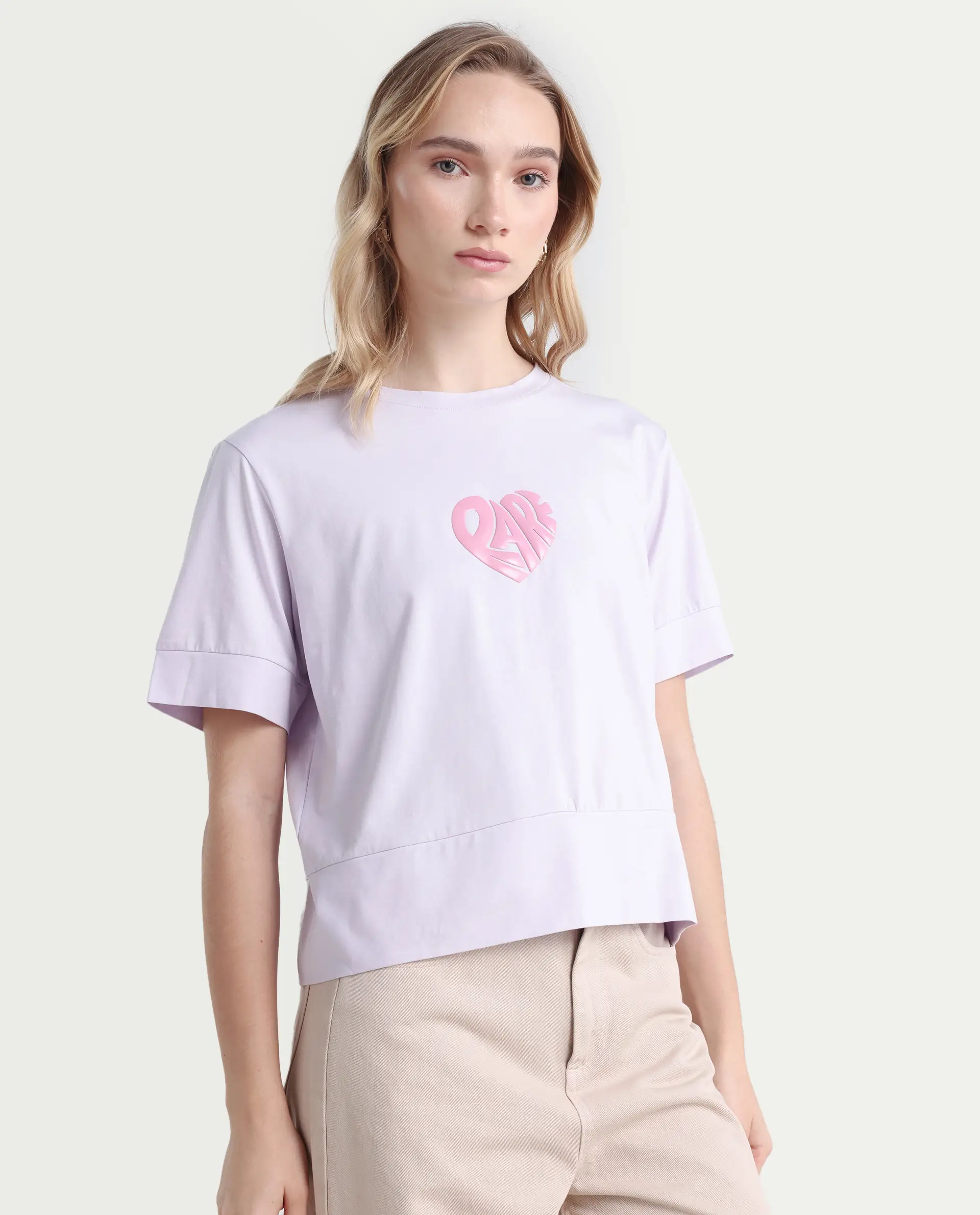 Rareism Women's Runo Pastel Purple Cotton Blend Crew Neck Graphic Print Regular Fit T-Shirt - Image 6