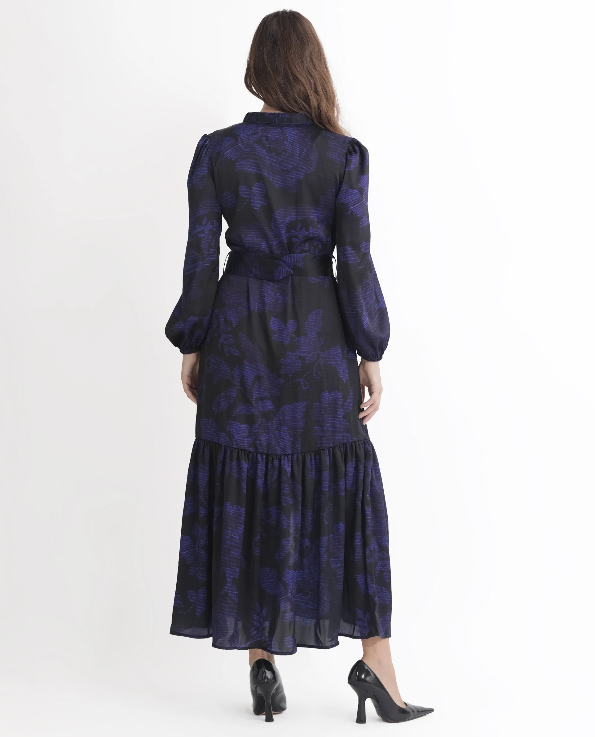 Rareism Women's Rupper Dark Navy Polyester V-Neck Abstract Print Bishop Sleeve Maxi Relaxed Fit Dress - Image 11