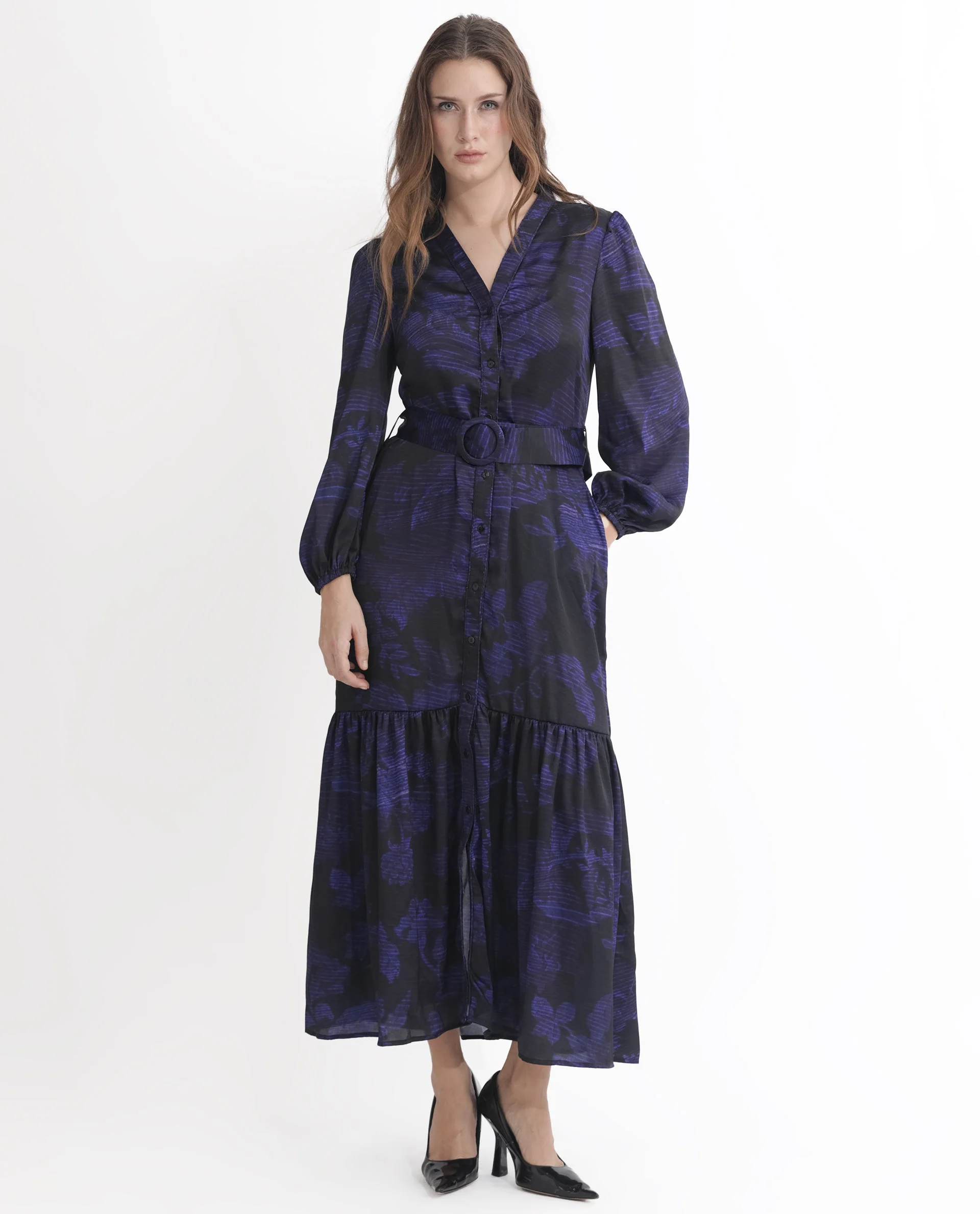 Rareism Women's Rupper Dark Navy Polyester V-Neck Abstract Print Bishop Sleeve Maxi Relaxed Fit Dress - Image 2