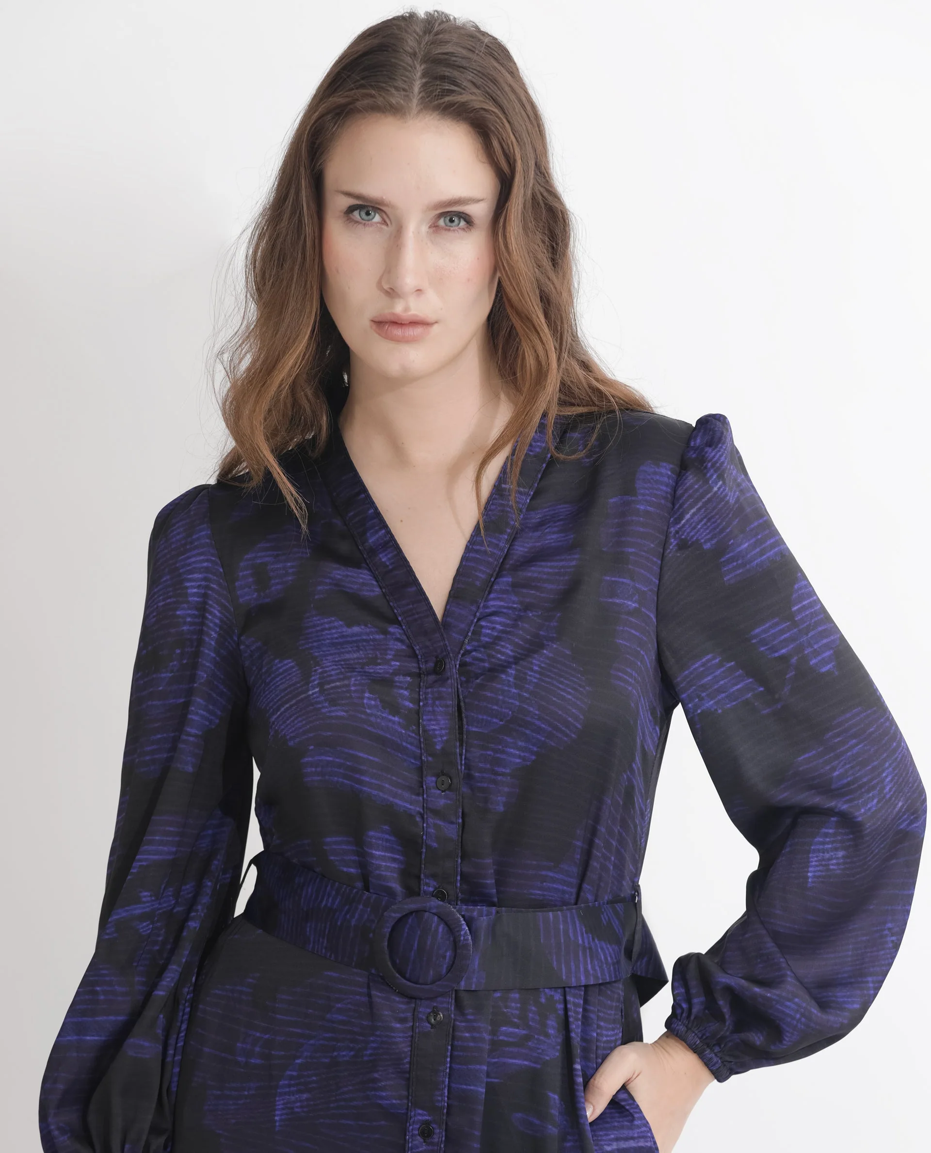Rareism Women's Rupper Dark Navy Polyester V-Neck Abstract Print Bishop Sleeve Maxi Relaxed Fit Dress - Image 3