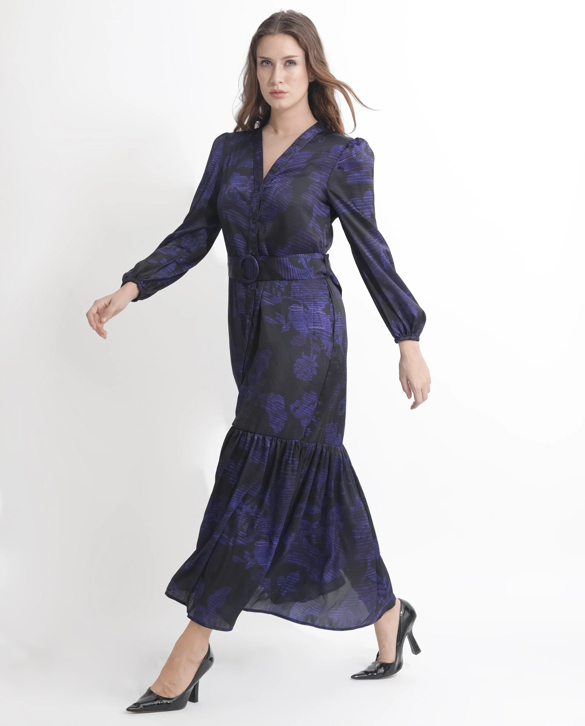Rareism Women's Rupper Dark Navy Polyester V-Neck Abstract Print Bishop Sleeve Maxi Relaxed Fit Dress - Image 6