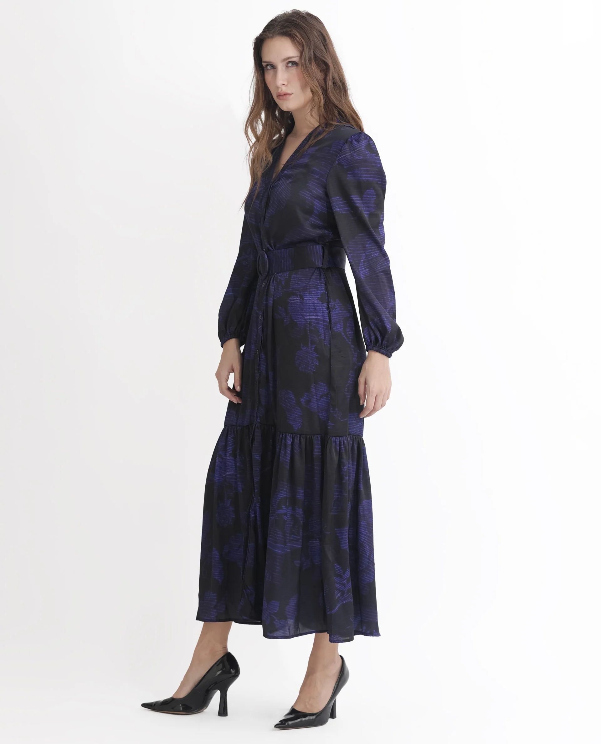 Rareism Women's Rupper Dark Navy Polyester V-Neck Abstract Print Bishop Sleeve Maxi Relaxed Fit Dress - Image 7