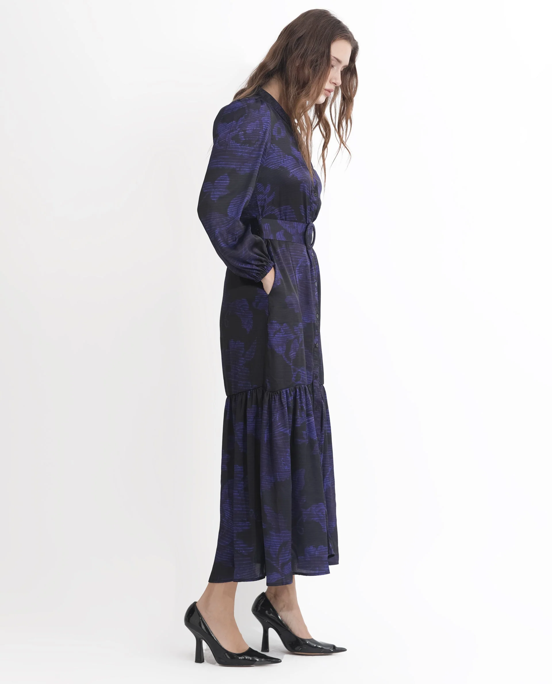 Rareism Women's Rupper Dark Navy Polyester V-Neck Abstract Print Bishop Sleeve Maxi Relaxed Fit Dress - Image 8