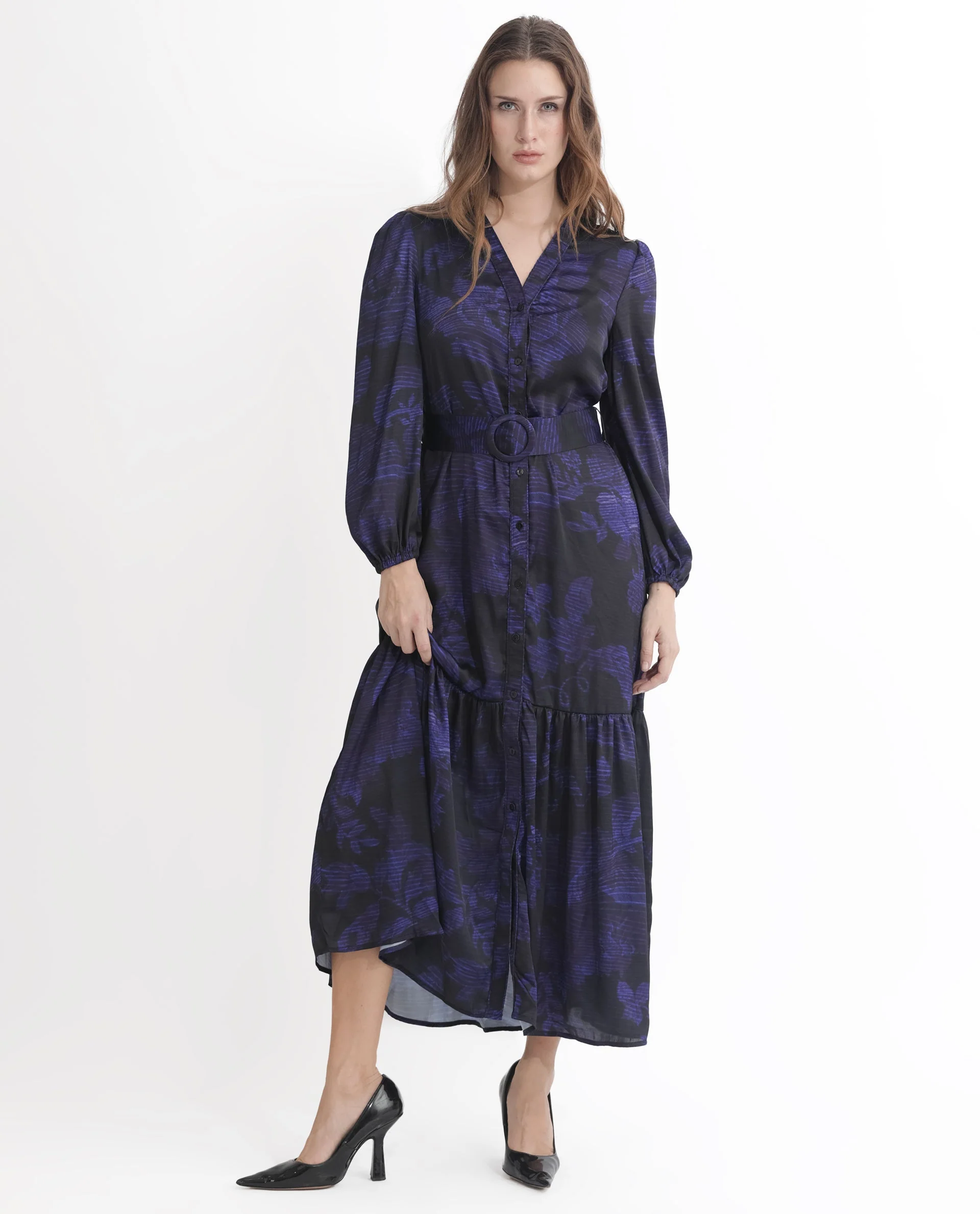 Rareism Women's Rupper Dark Navy Polyester V-Neck Abstract Print Bishop Sleeve Maxi Relaxed Fit Dress - Image 9