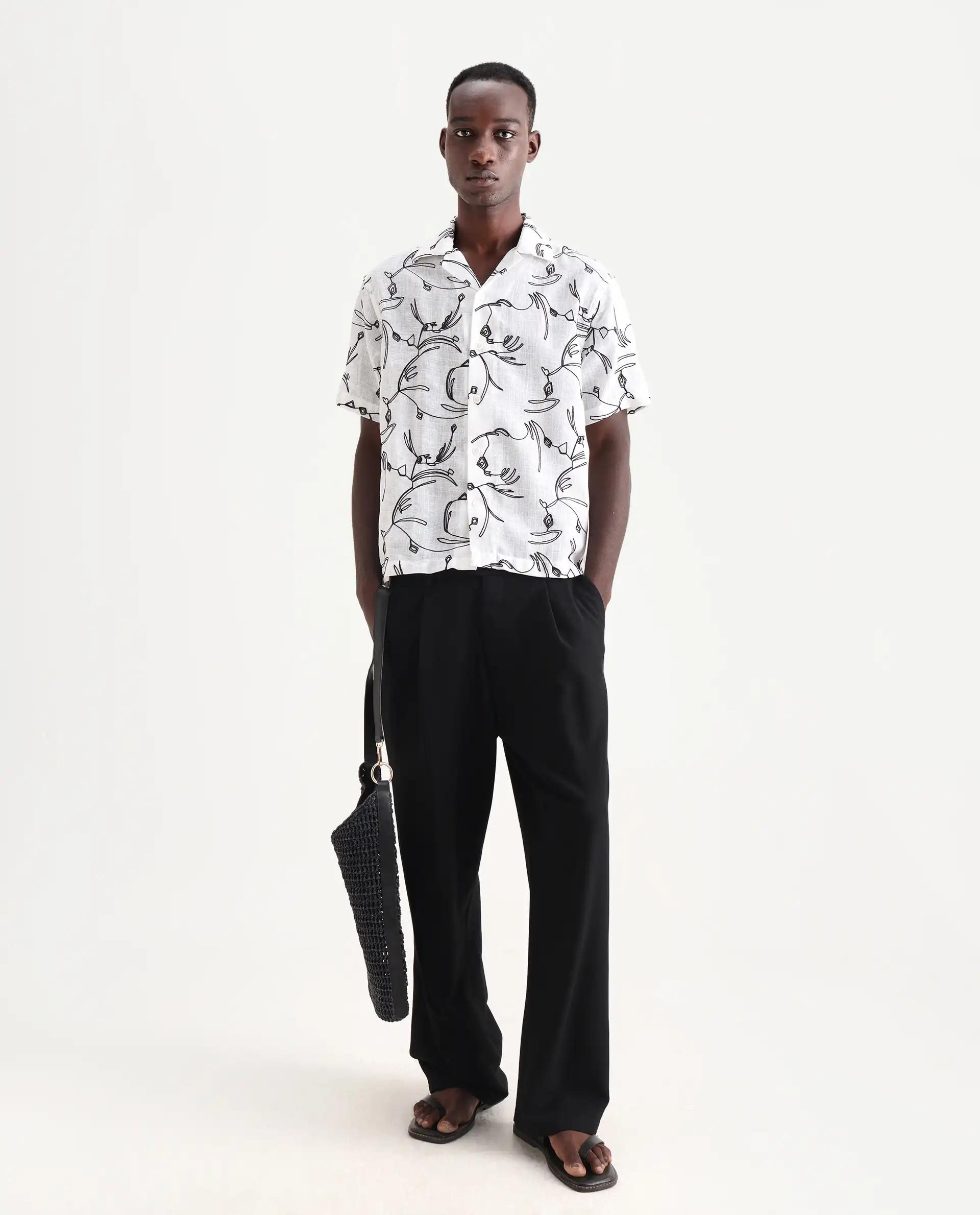 Rare Rabbit Men's Rus White Cotton Embroidered Boxy Fit Half Sleeve Cuban Collar Shirt - Image 2