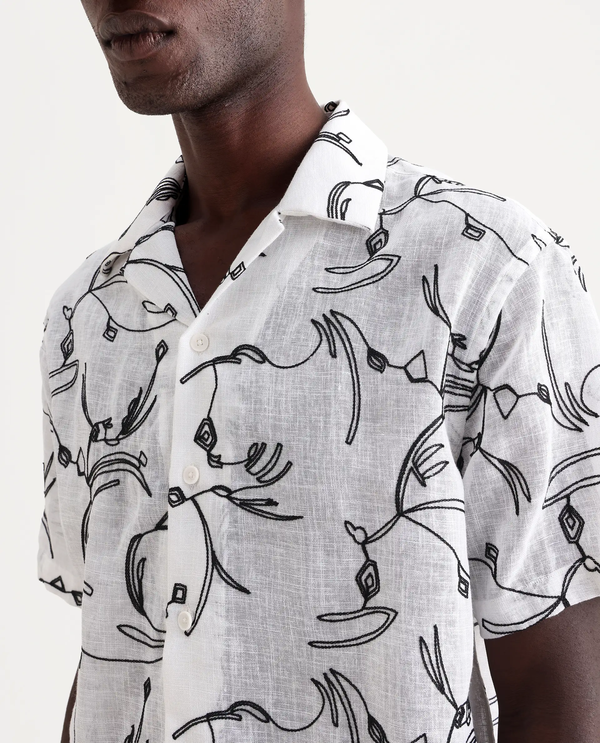 Rare Rabbit Men's Rus White Cotton Embroidered Boxy Fit Half Sleeve Cuban Collar Shirt - Image 3