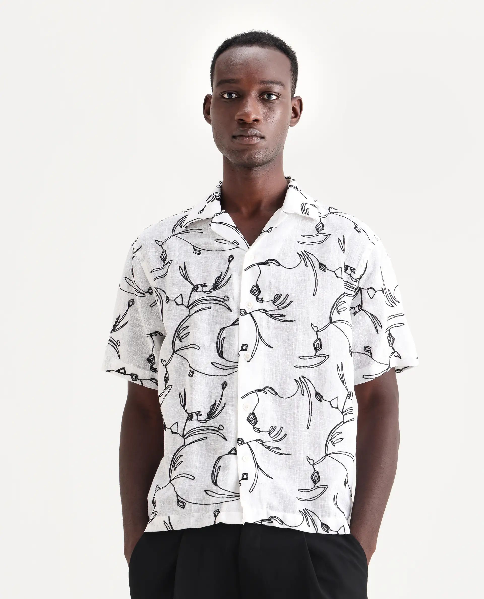Rare Rabbit Men's Rus White Cotton Embroidered Boxy Fit Half Sleeve Cuban Collar Shirt - Image 4