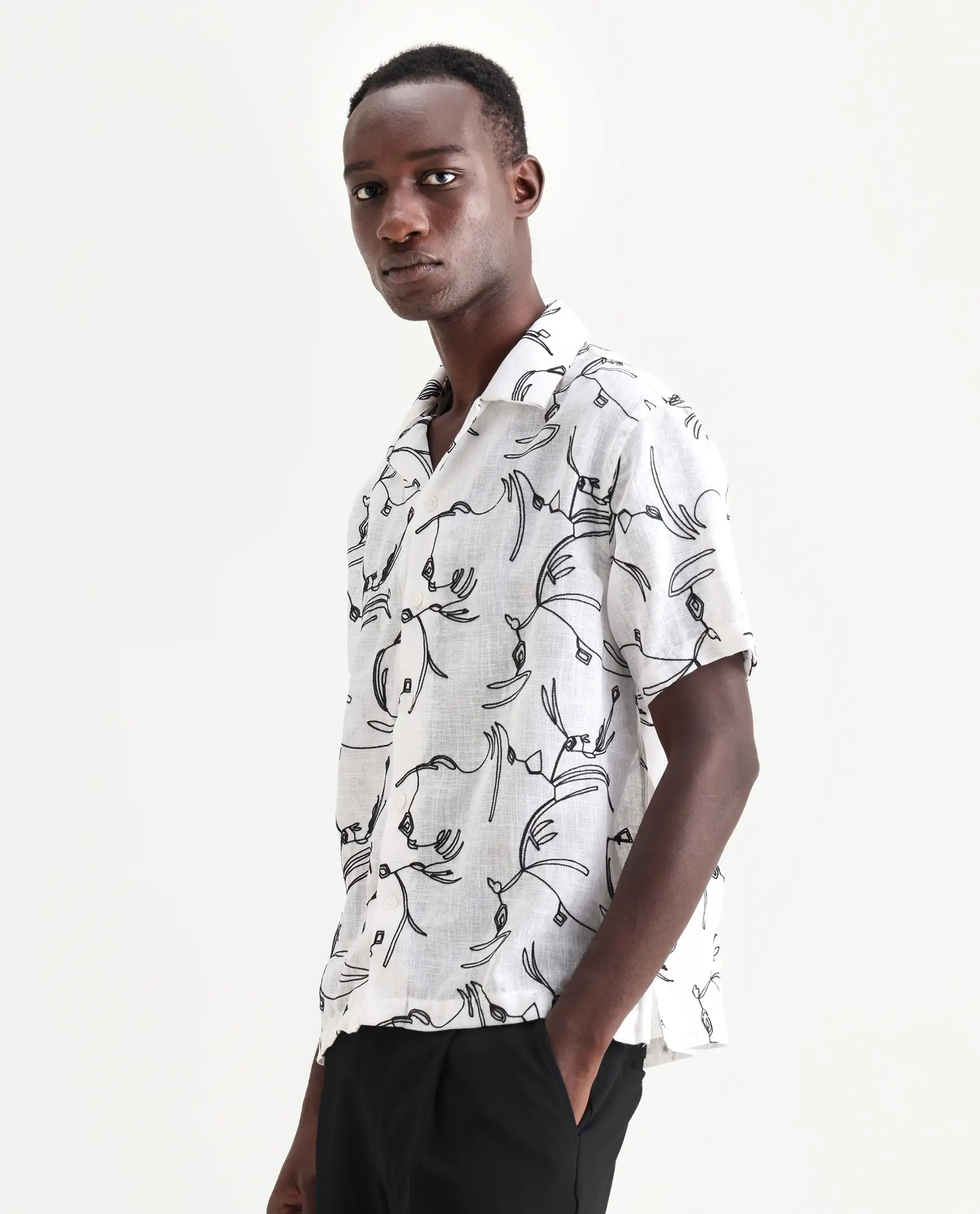 Rare Rabbit Men's Rus White Cotton Embroidered Boxy Fit Half Sleeve Cuban Collar Shirt - Image 5