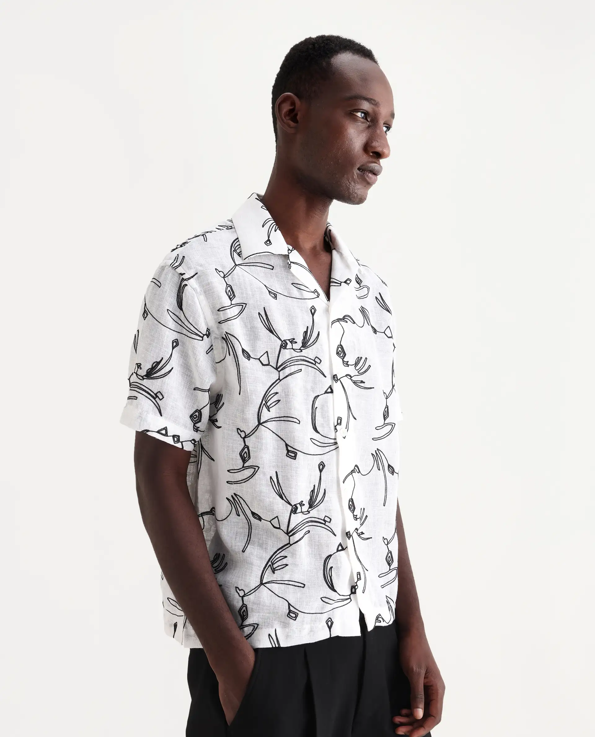 Rare Rabbit Men's Rus White Cotton Embroidered Boxy Fit Half Sleeve Cuban Collar Shirt - Image 6