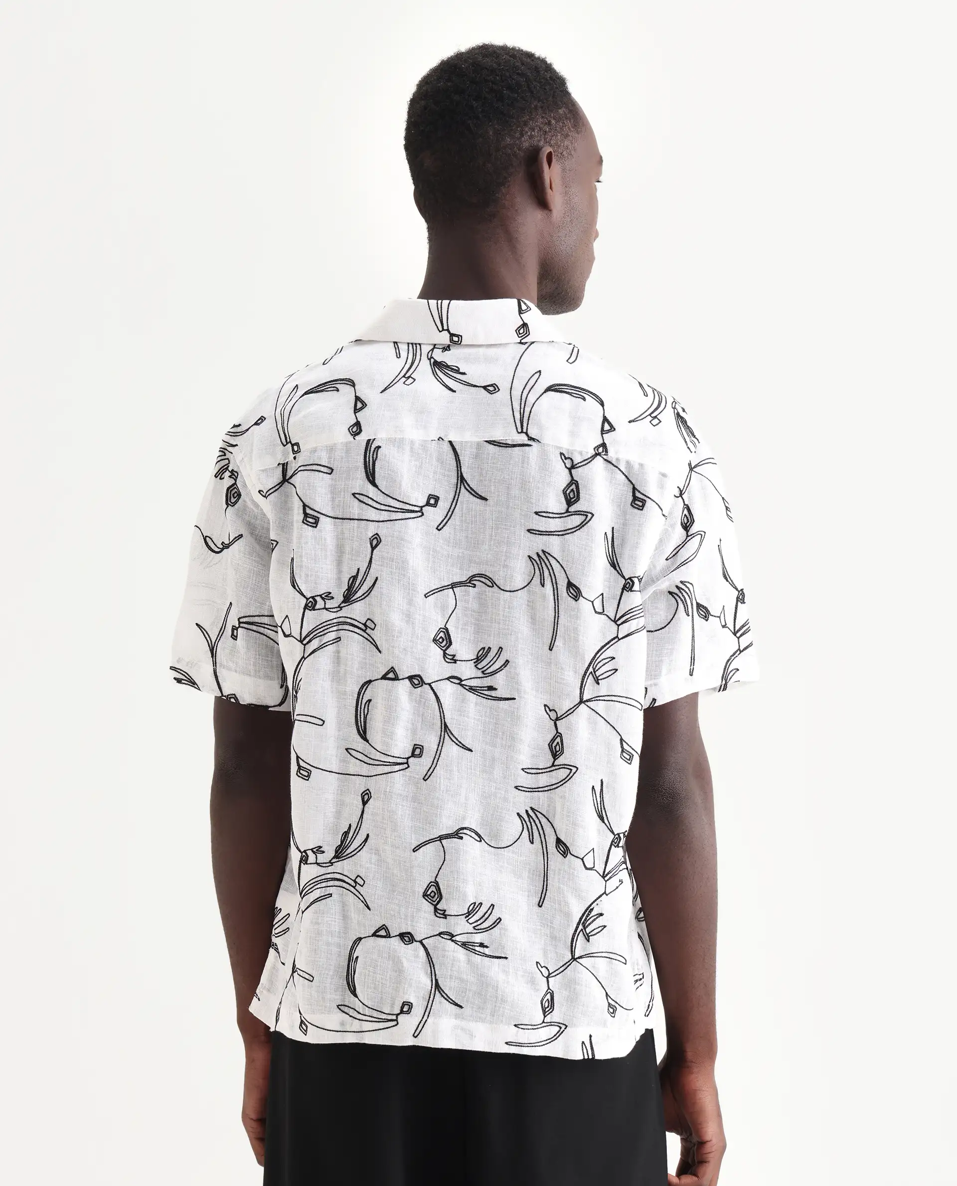 Rare Rabbit Men's Rus White Cotton Embroidered Boxy Fit Half Sleeve Cuban Collar Shirt - Image 7