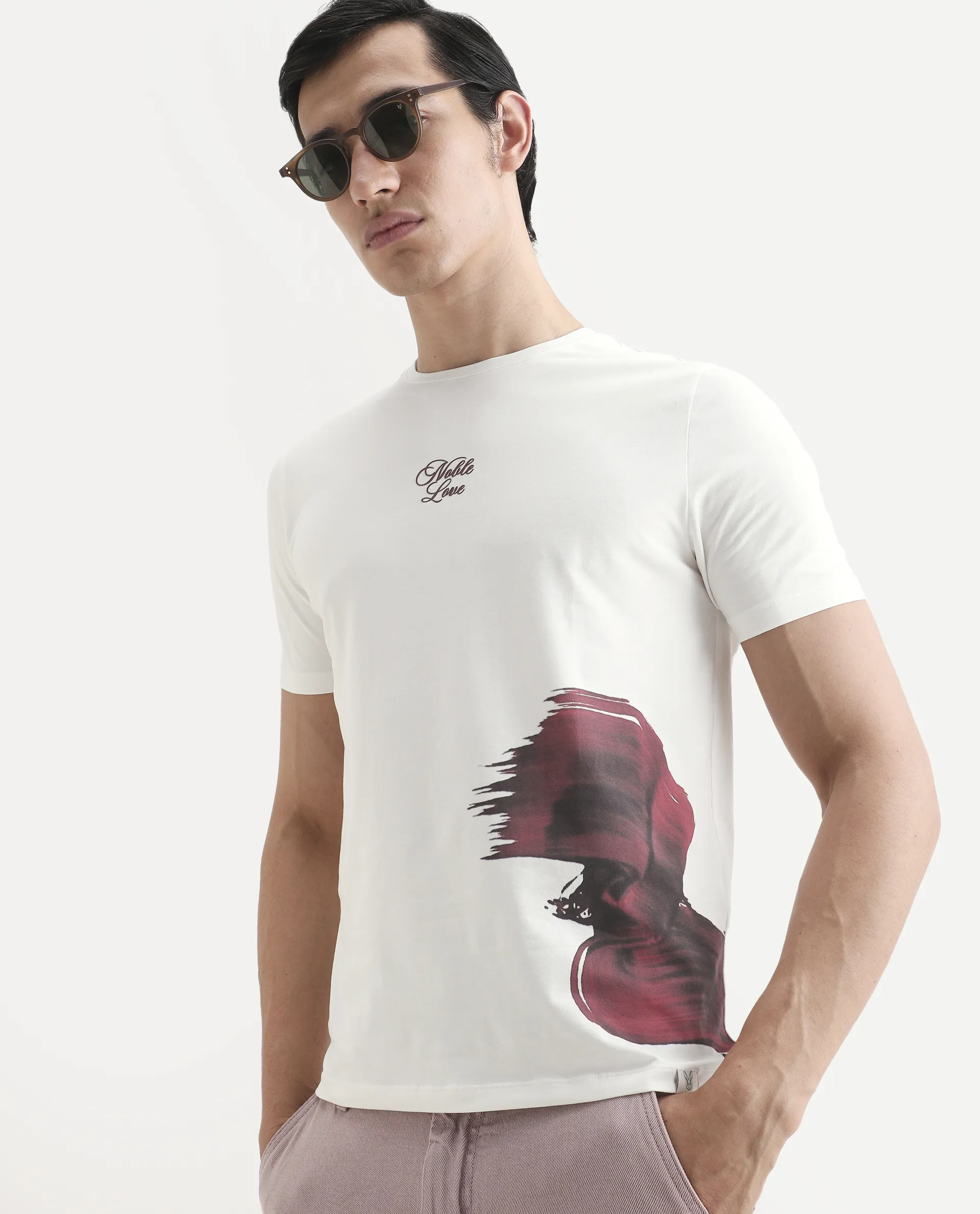 Rare Rabbit Men's Rush Off White Cotton Blend Fabric Half Sleeve Crew Neck Regular Fit Graphic Print T-Shirt