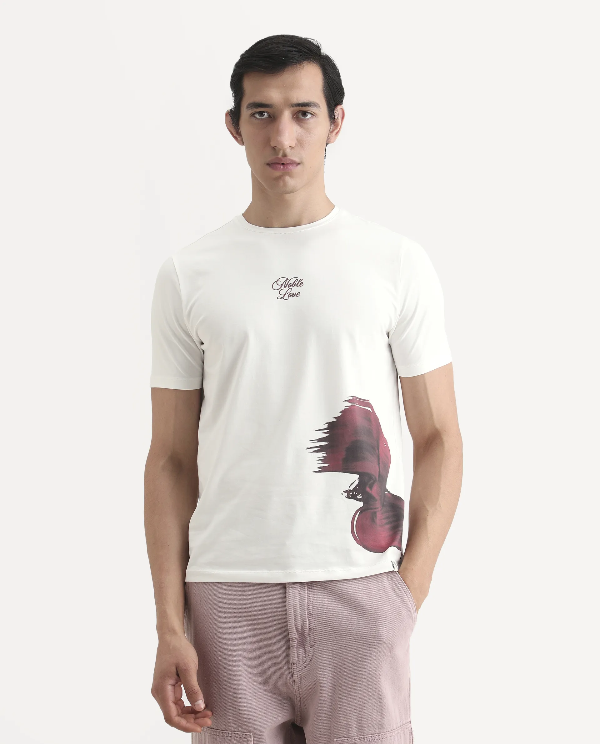 Rare Rabbit Men's Rush Off White Cotton Blend Fabric Half Sleeve Crew Neck Regular Fit Graphic Print T-Shirt - Image 4