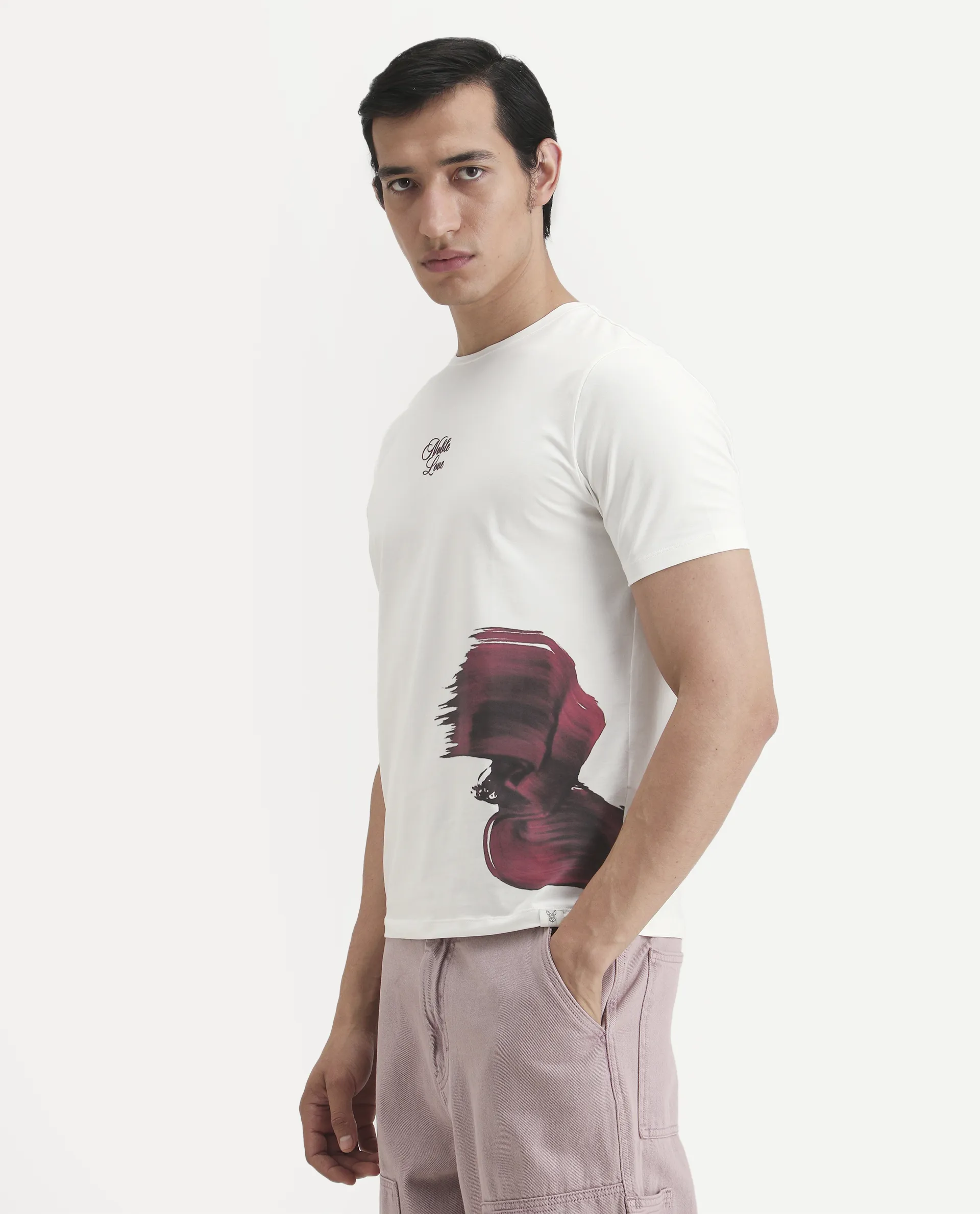 Rare Rabbit Men's Rush Off White Cotton Blend Fabric Half Sleeve Crew Neck Regular Fit Graphic Print T-Shirt - Image 5