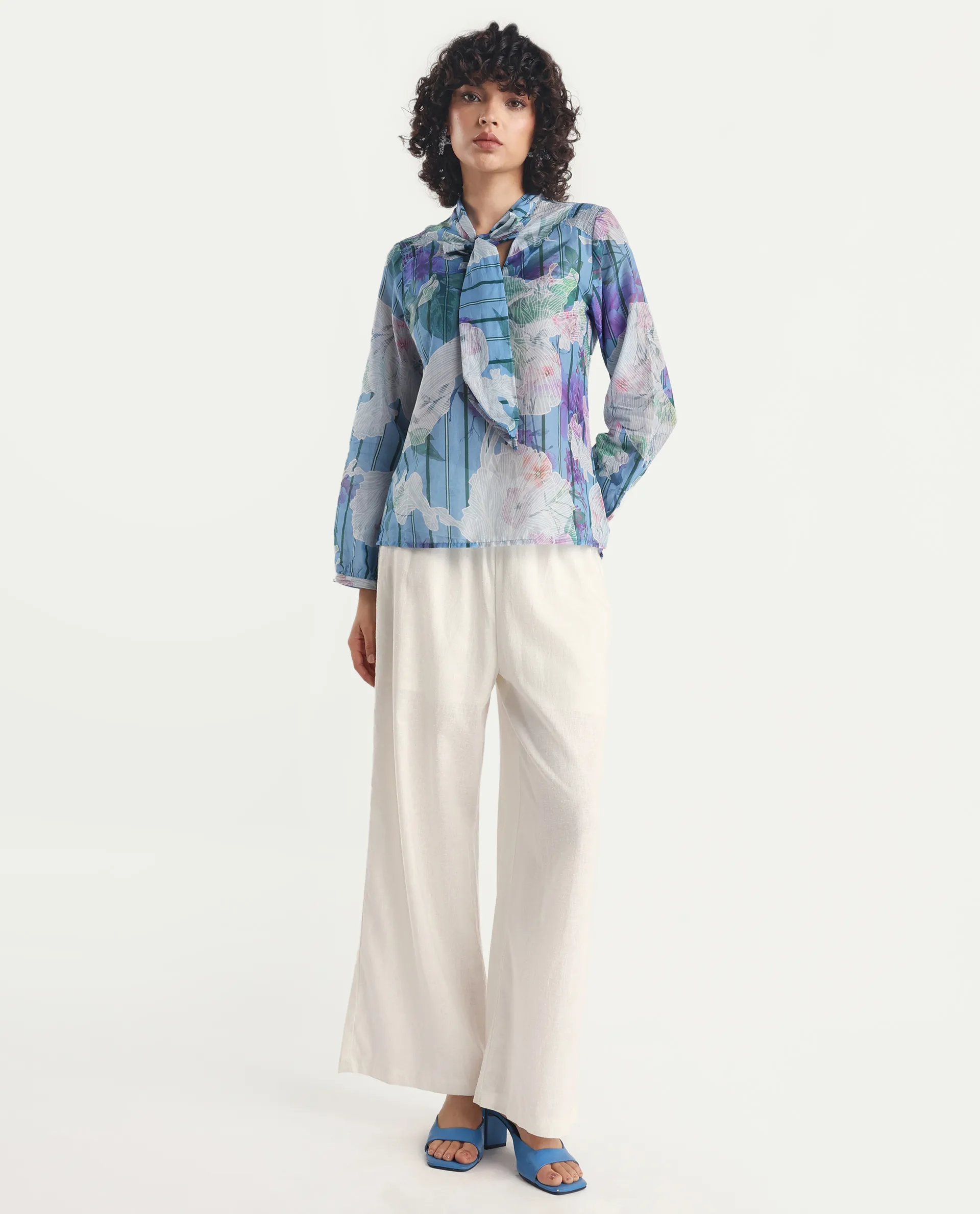 Rareism Women's Rush Blue Cotton Tie-Up Neck Floral Print Cuffed Sleeve Regular Fit Top - Image 2