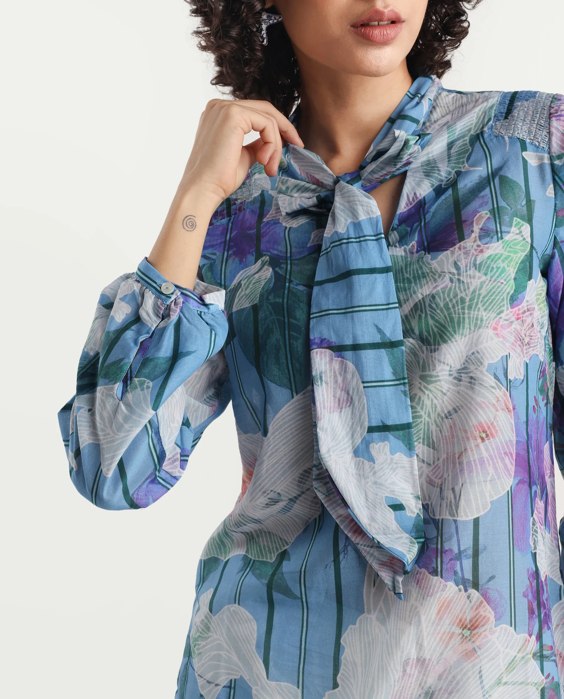 Rareism Women's Rush Blue Cotton Tie-Up Neck Floral Print Cuffed Sleeve Regular Fit Top - Image 3