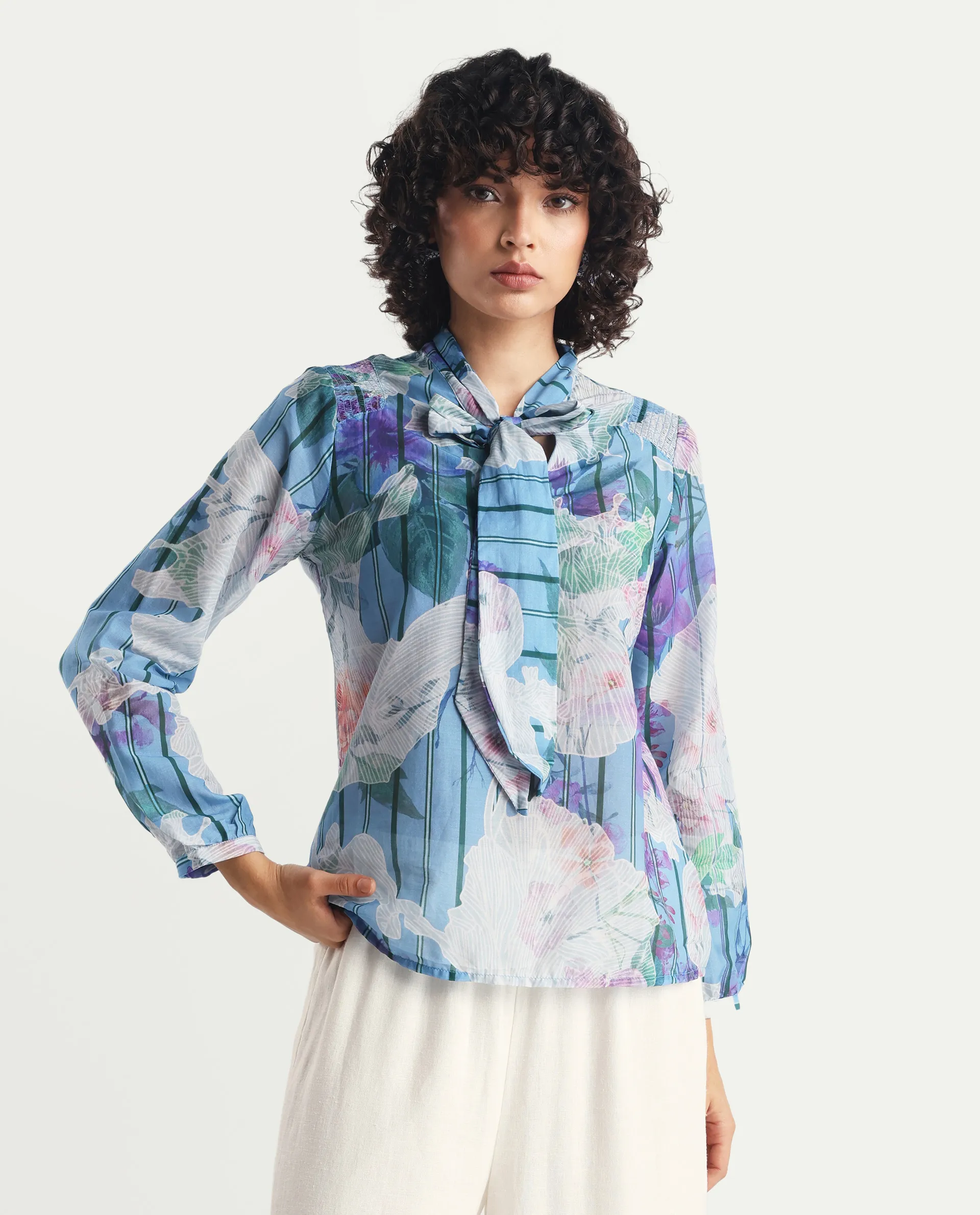 Rareism Women's Rush Blue Cotton Tie-Up Neck Floral Print Cuffed Sleeve Regular Fit Top - Image 4