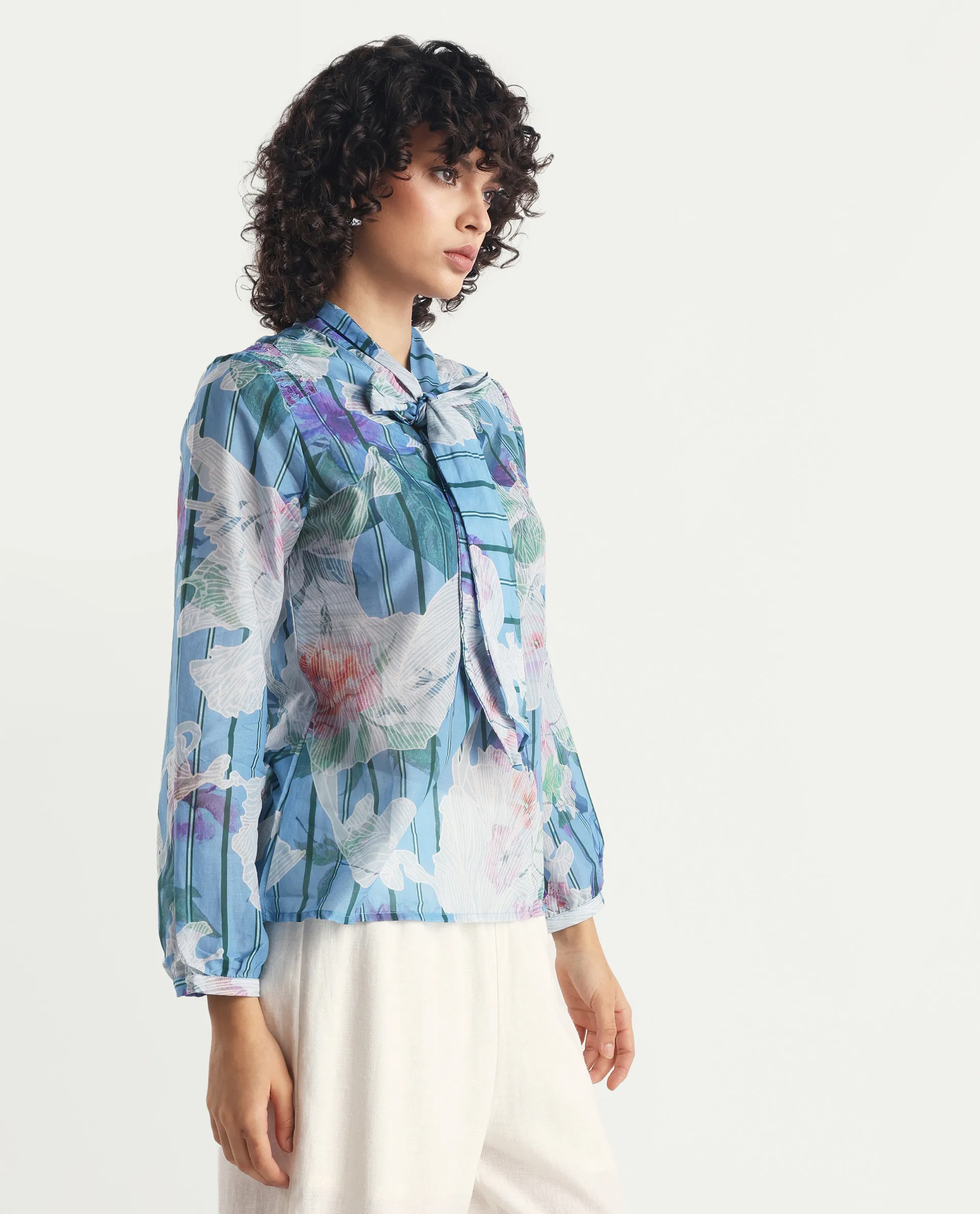 Rareism Women's Rush Blue Cotton Tie-Up Neck Floral Print Cuffed Sleeve Regular Fit Top - Image 5