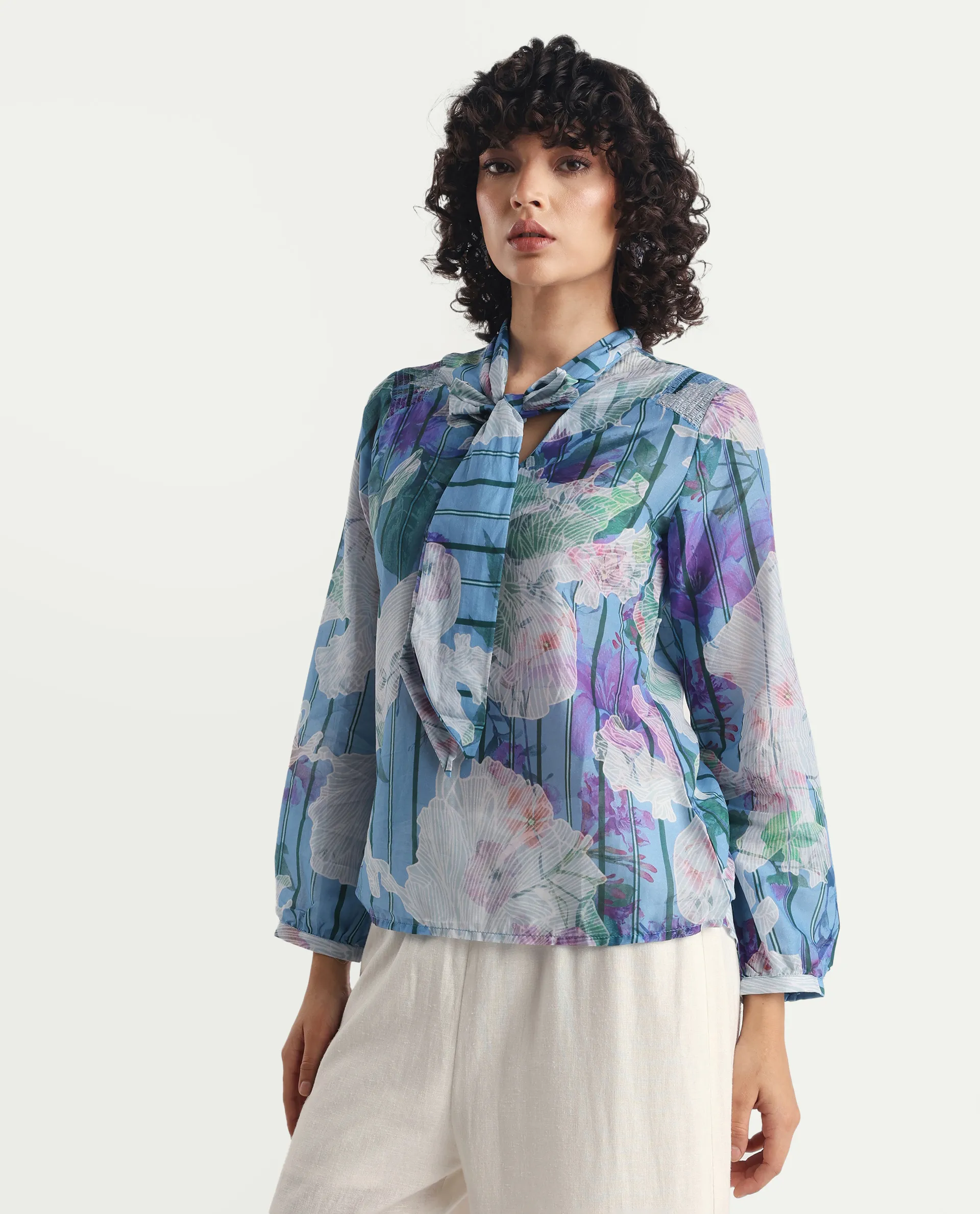 Rareism Women's Rush Blue Cotton Tie-Up Neck Floral Print Cuffed Sleeve Regular Fit Top - Image 6