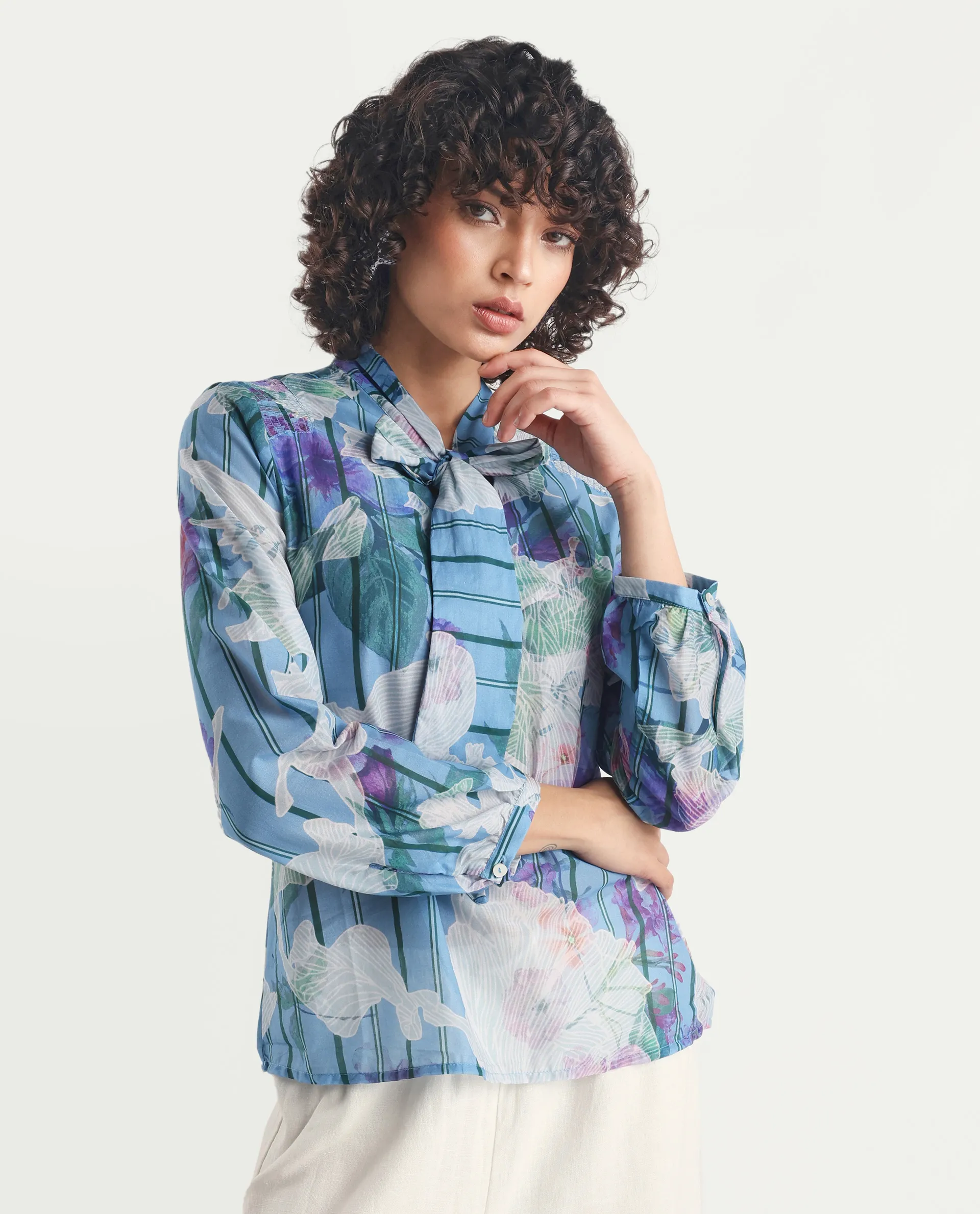 Rareism Women's Rush Blue Cotton Tie-Up Neck Floral Print Cuffed Sleeve Regular Fit Top - Image 7