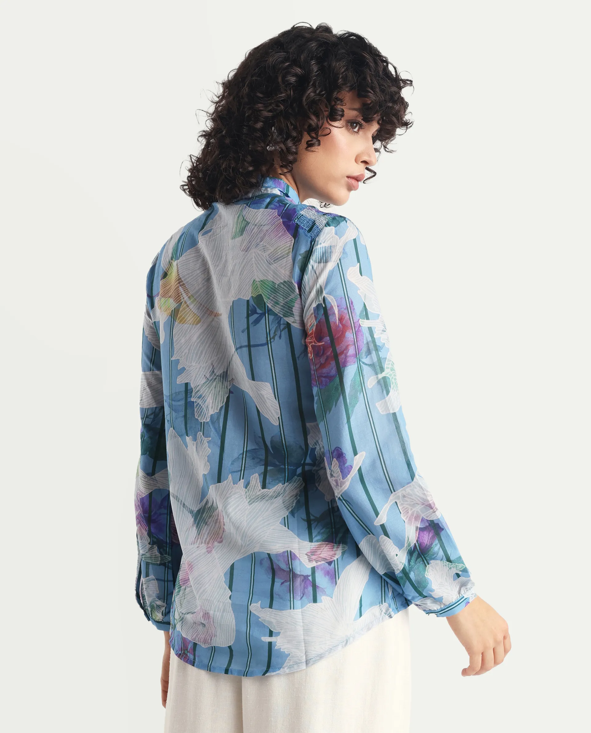 Rareism Women's Rush Blue Cotton Tie-Up Neck Floral Print Cuffed Sleeve Regular Fit Top - Image 8