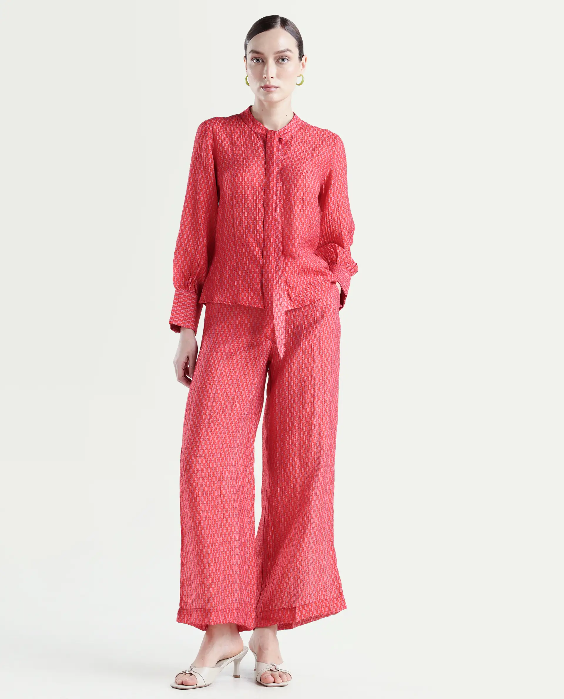 Rareism Women's Rusha-B Red Rayon Geometric Print Ankle Length Wide Trouser - Image 3
