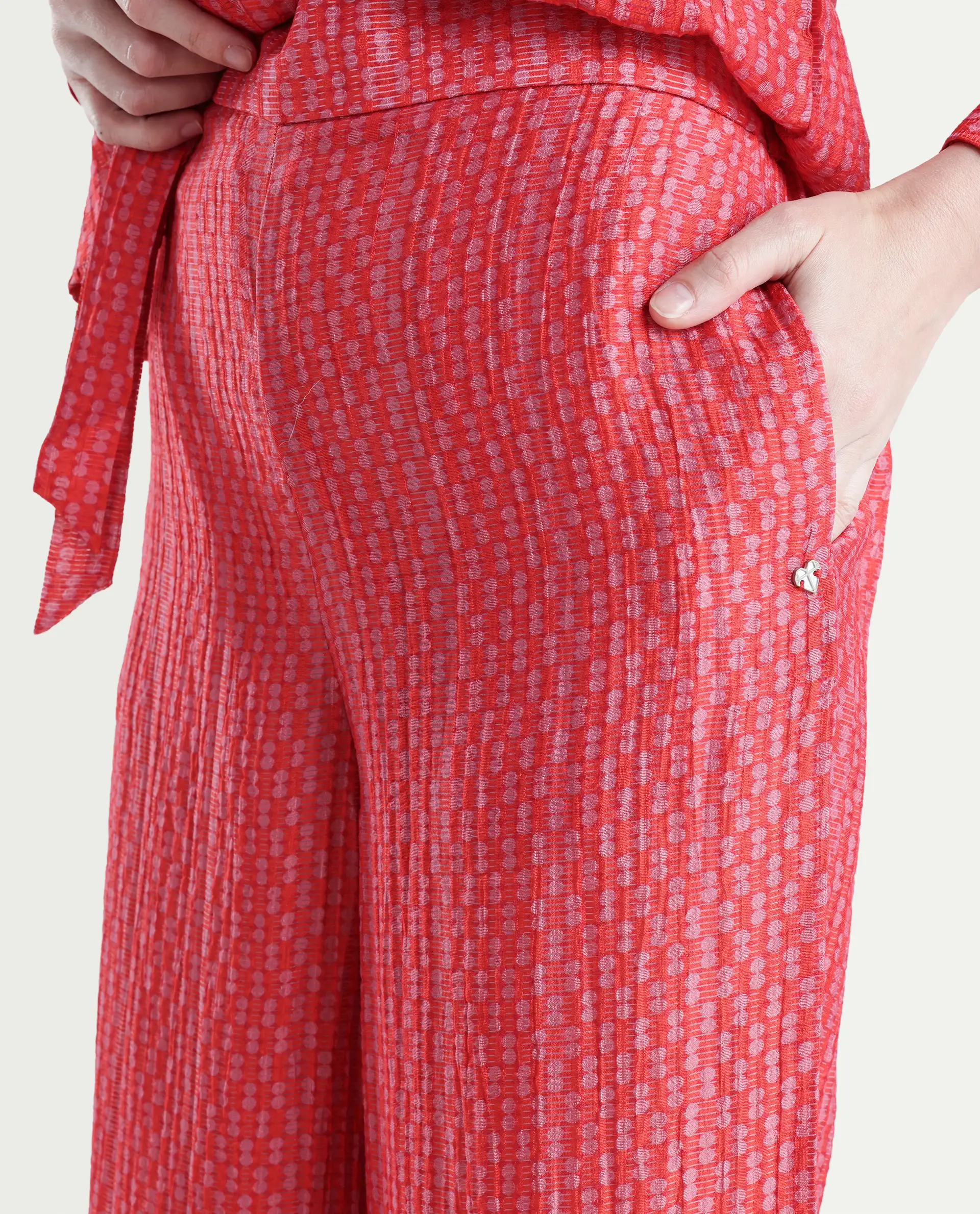 Rareism Women's Rusha-B Red Rayon Geometric Print Ankle Length Wide Trouser - Image 4