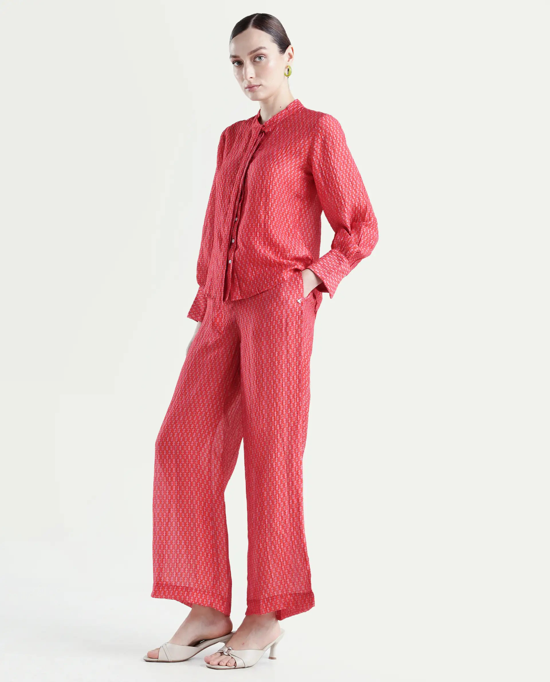 Rareism Women's Rusha-B Red Rayon Geometric Print Ankle Length Wide Trouser - Image 5
