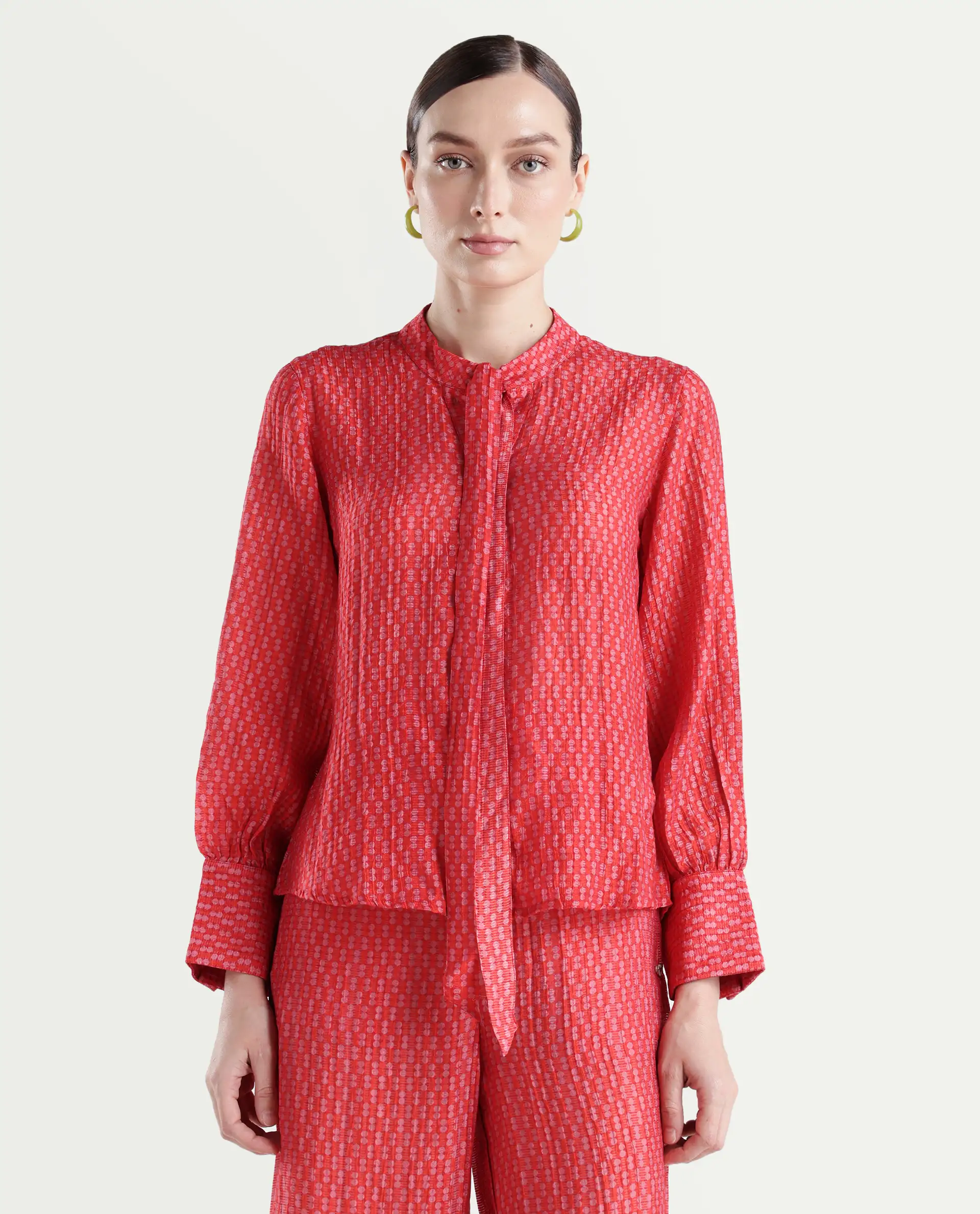 Rareism Women's Rusha-T Red Rayon Drop Collar Geometric Print Bishop Sleeve Regular Fit Top - Image 3