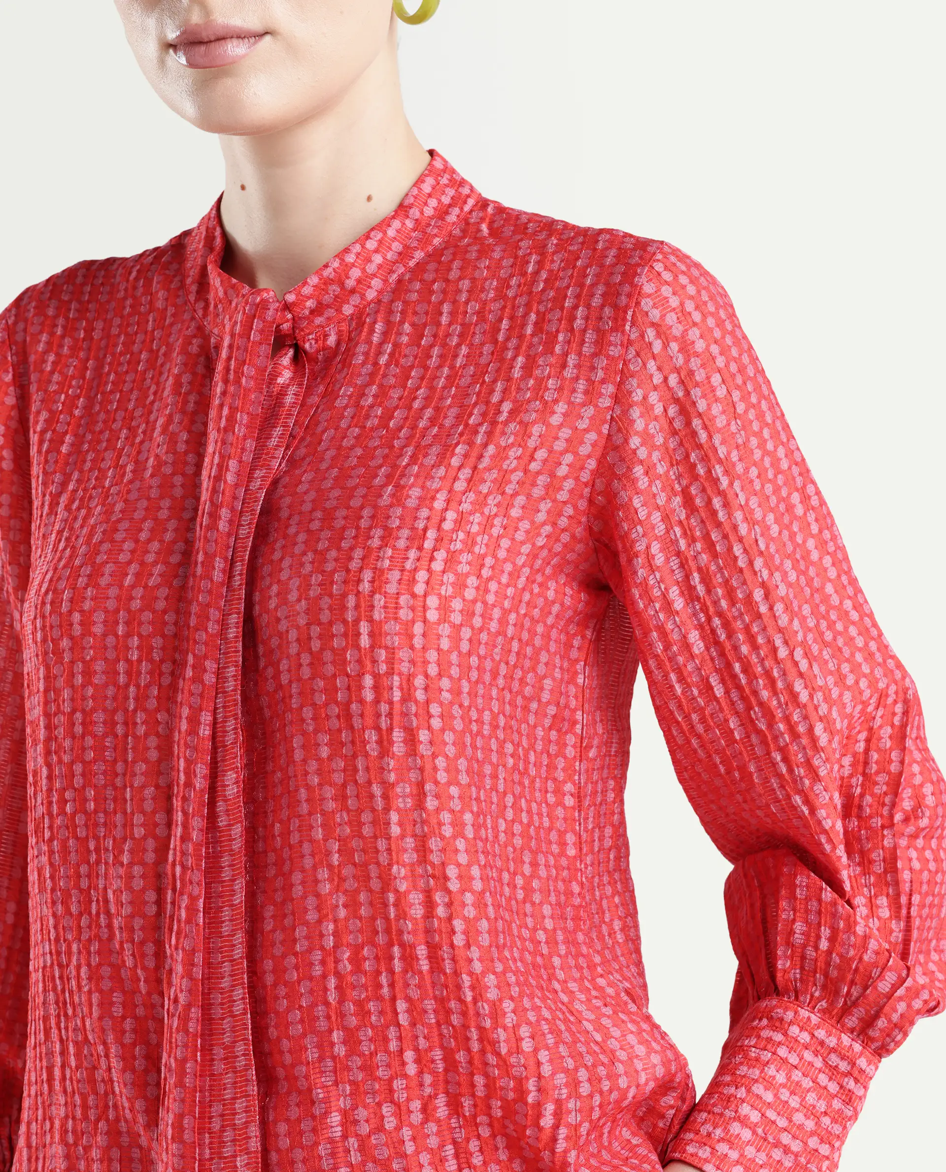 Rareism Women's Rusha-T Red Rayon Drop Collar Geometric Print Bishop Sleeve Regular Fit Top - Image 4