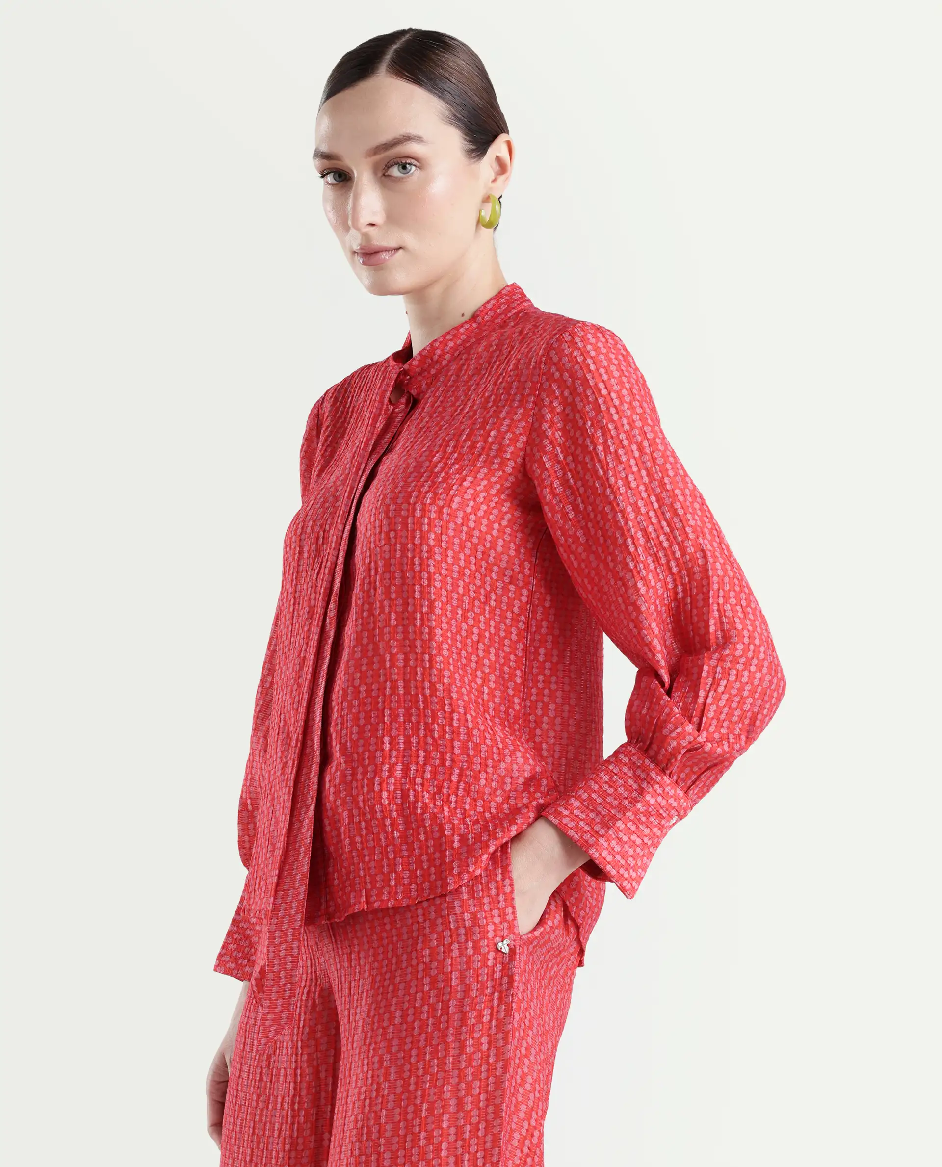 Rareism Women's Rusha-T Red Rayon Drop Collar Geometric Print Bishop Sleeve Regular Fit Top - Image 5