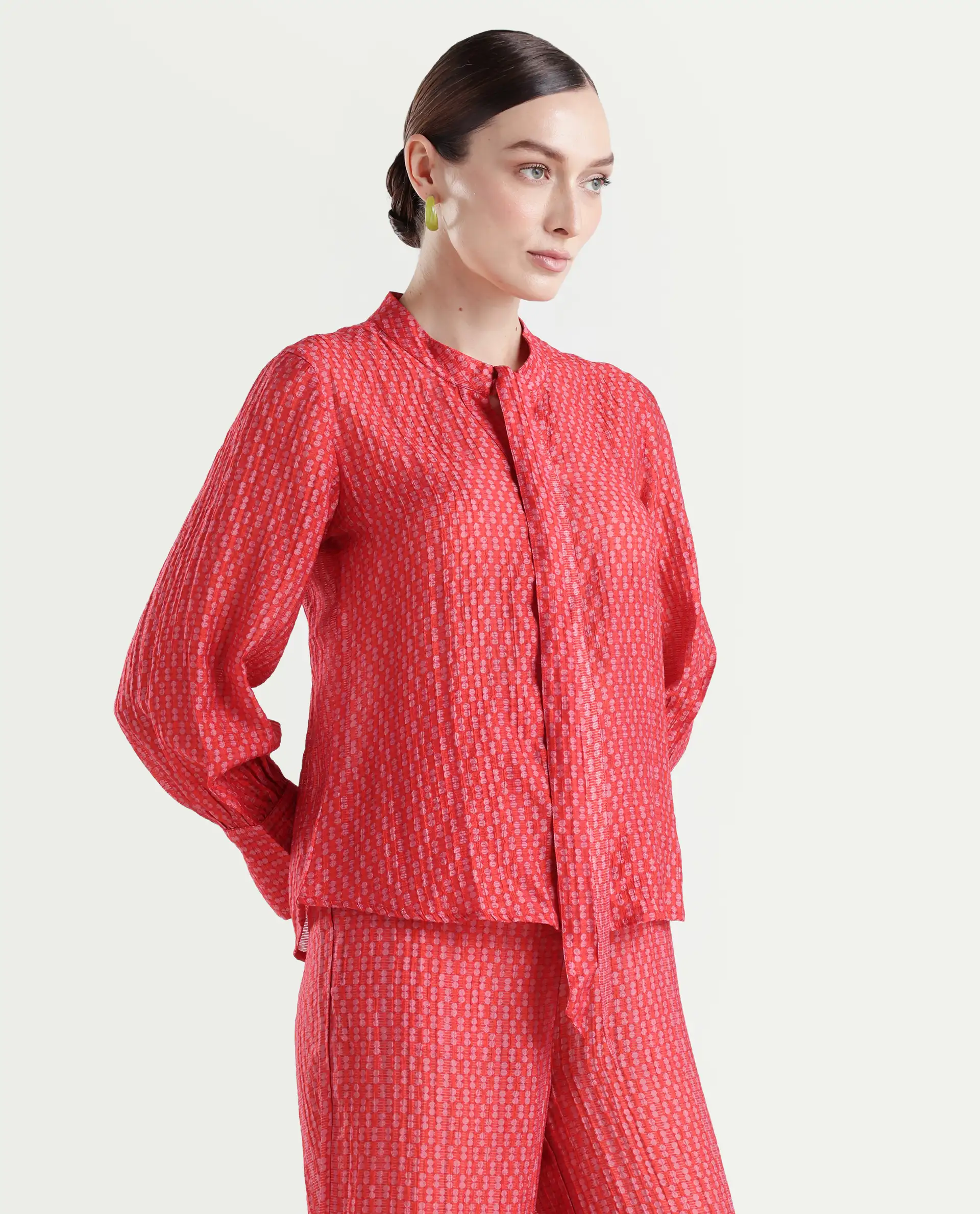 Rareism Women's Rusha-T Red Rayon Drop Collar Geometric Print Bishop Sleeve Regular Fit Top - Image 6