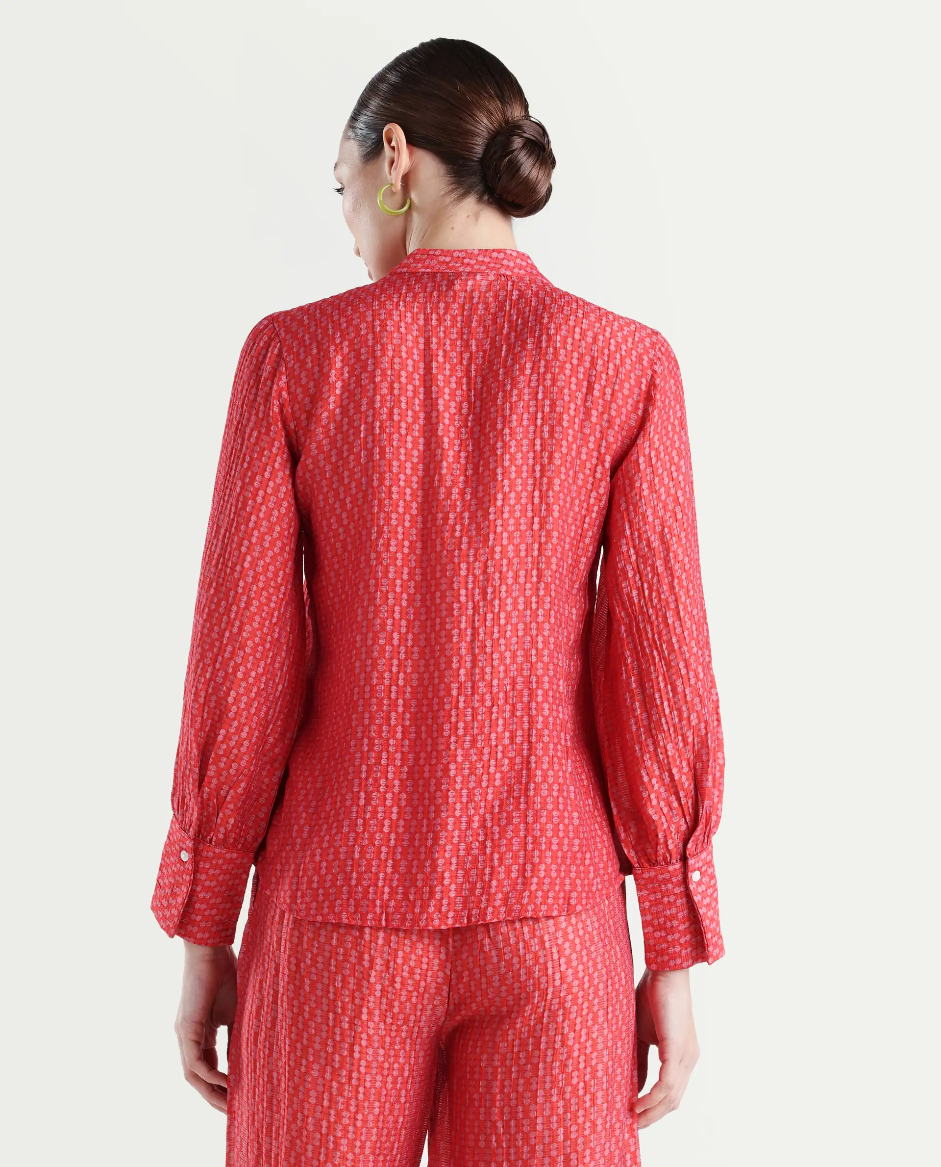 Rareism Women's Rusha-T Red Rayon Drop Collar Geometric Print Bishop Sleeve Regular Fit Top - Image 7