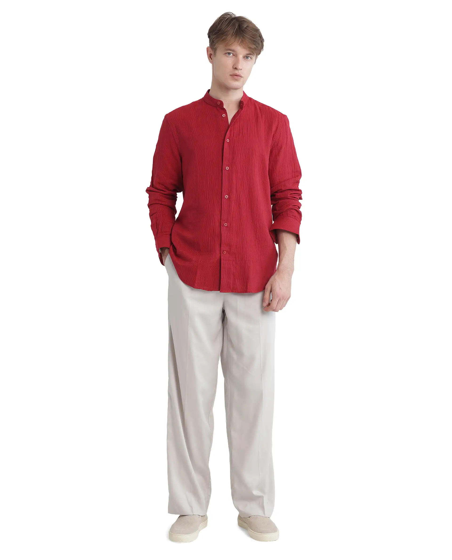 Rare Rabbit Men's Rusk Red Cotton Plain Regular Fit Full Sleeve Mandarin Collar Shirt - Image 2